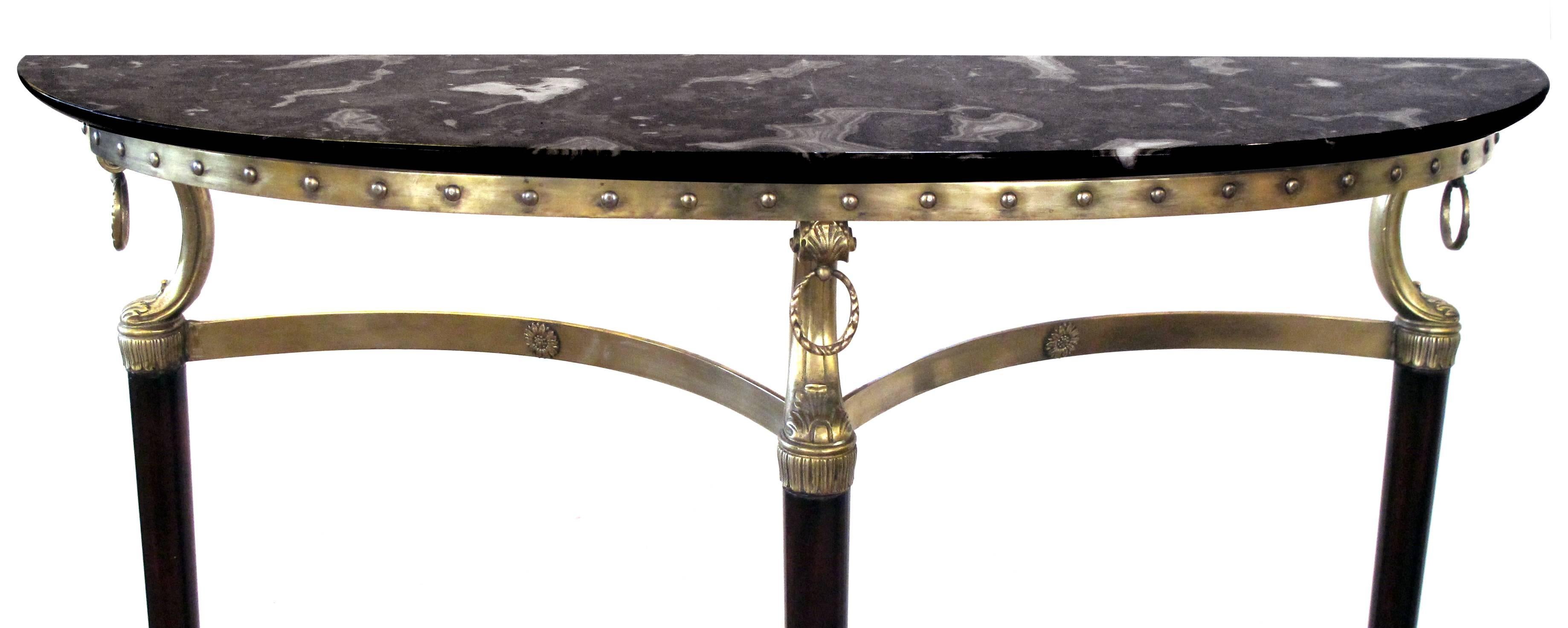 Mid-20th Century Chic Italian Gilt Bronze Demilune Console Table with Matching Shield-Form Mirror