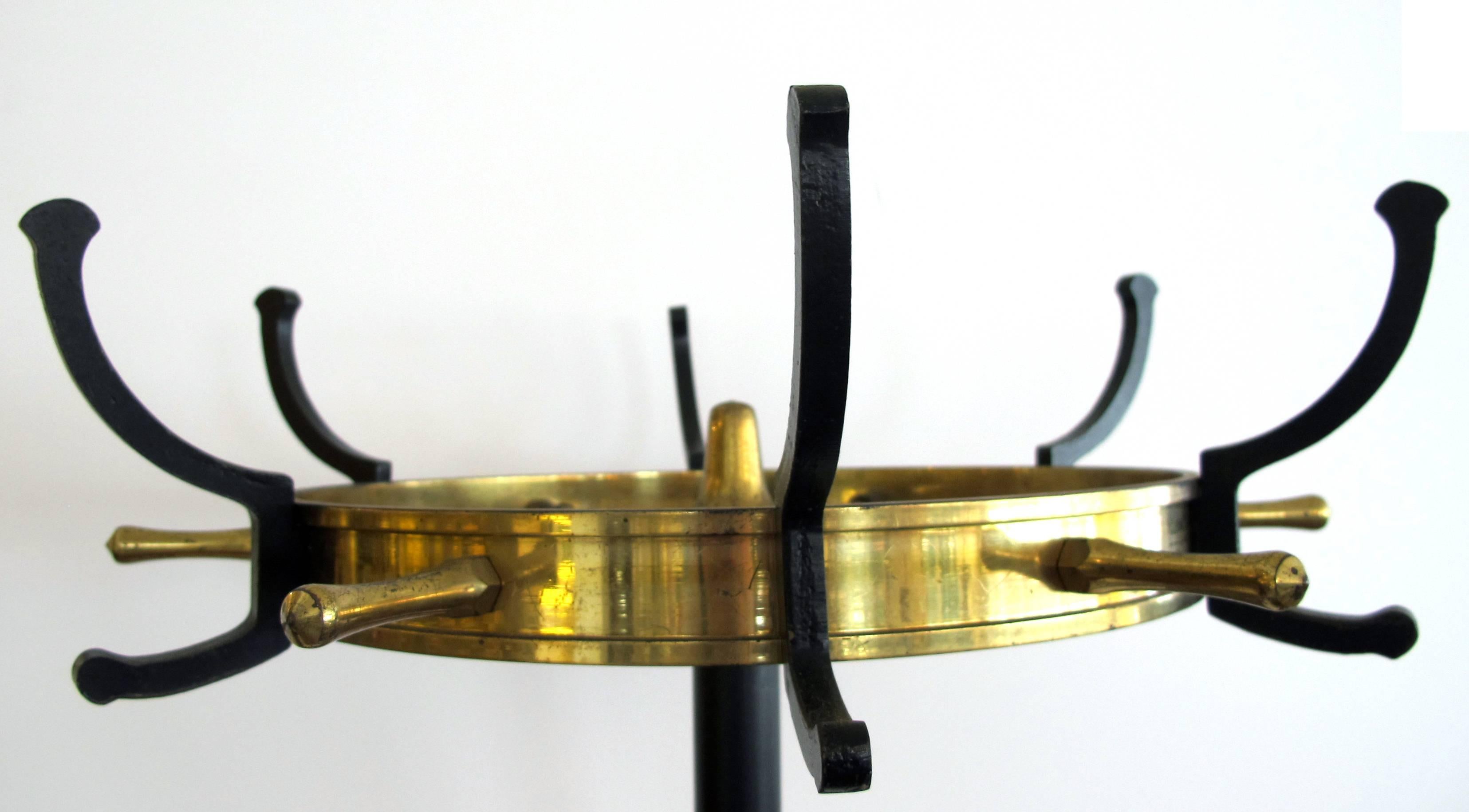 Mid-Century Modern Stylish French 1950s Jacques Adnet Gilt Bronze & Black Lacquered Iron Coat Rack