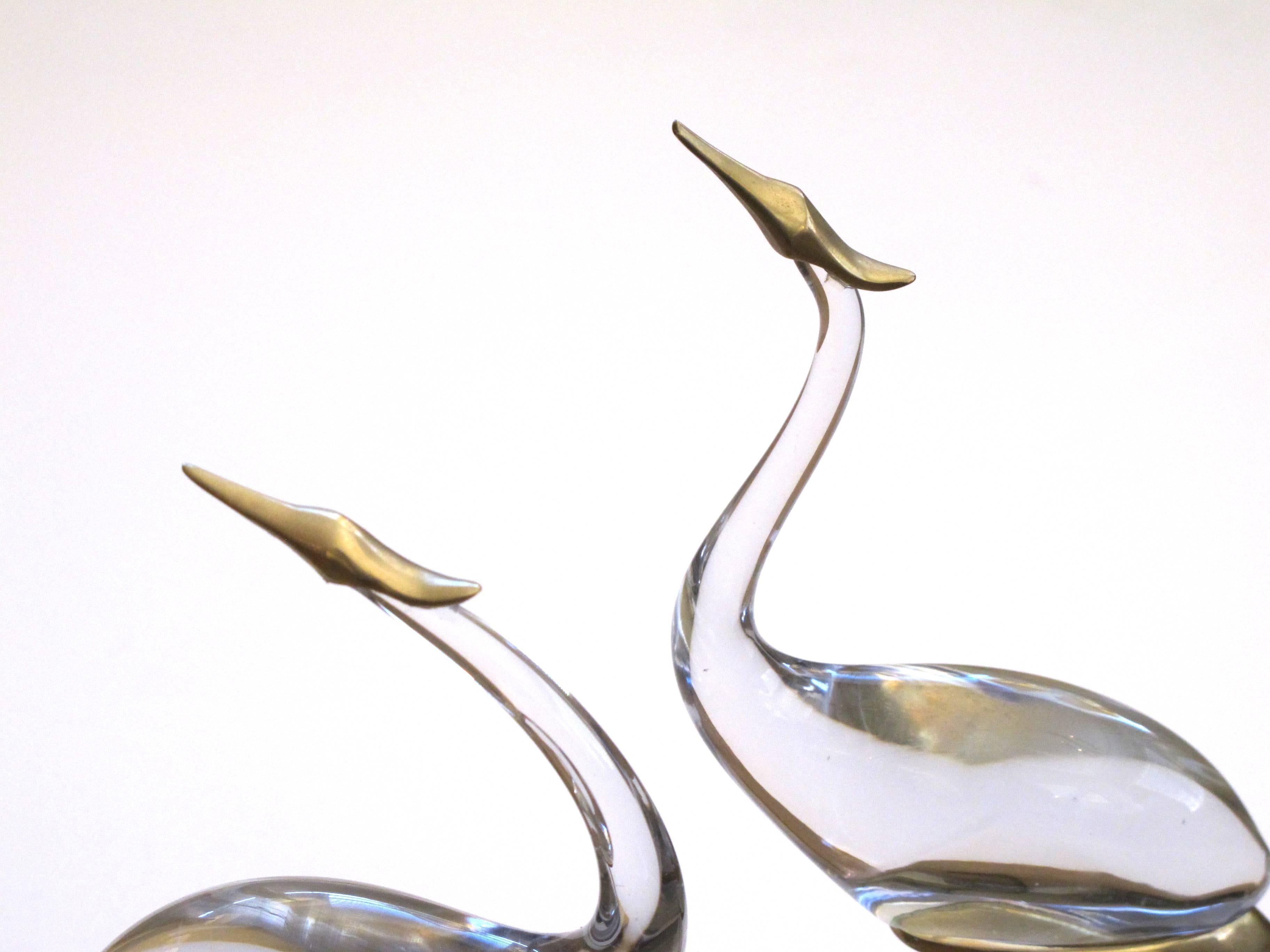 Mid-Century Modern Shimmering and Stylized Pair of Brass and Glass Standing Cranes; Luca Bojola