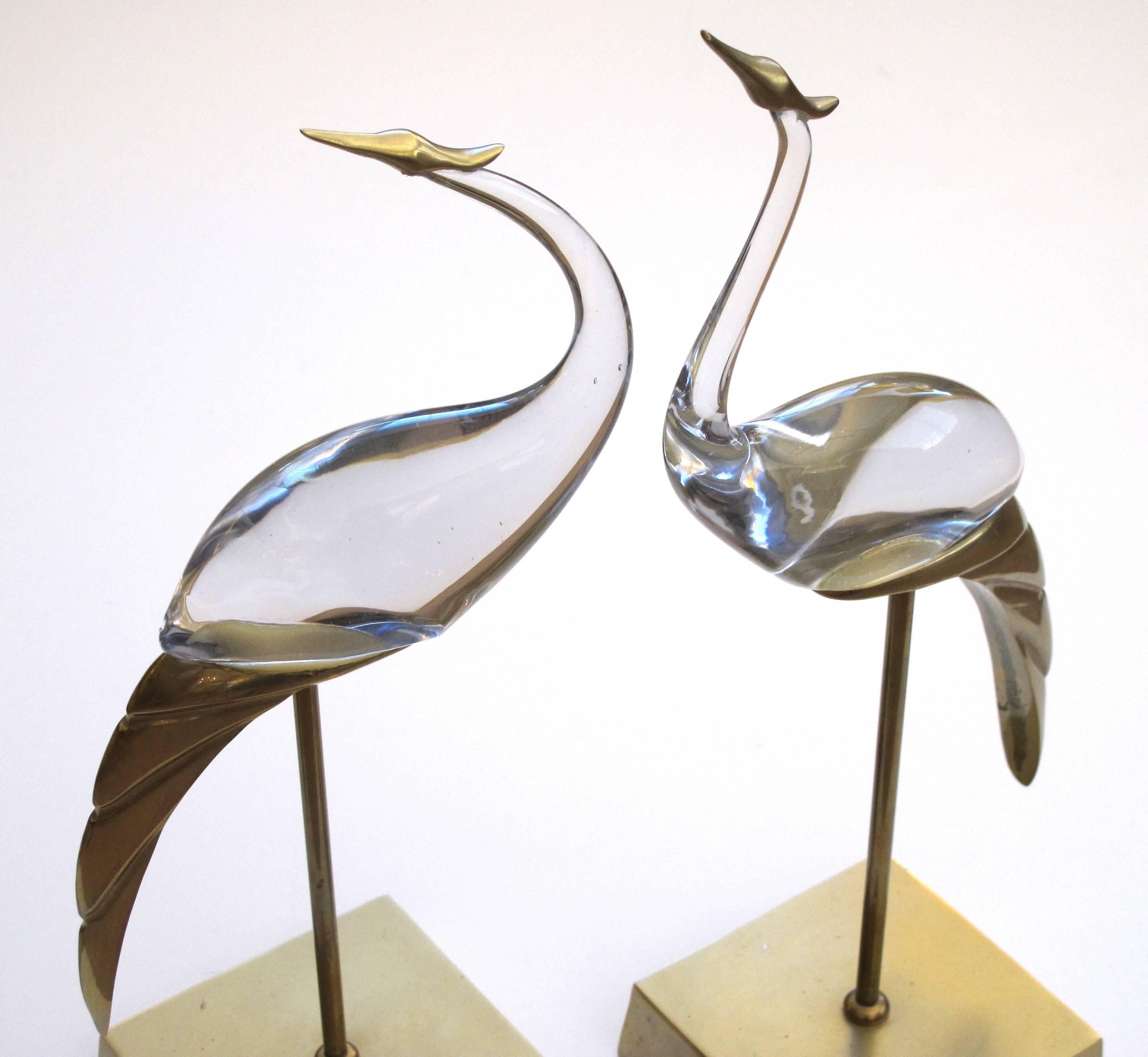 Italian Shimmering and Stylized Pair of Brass and Glass Standing Cranes; Luca Bojola