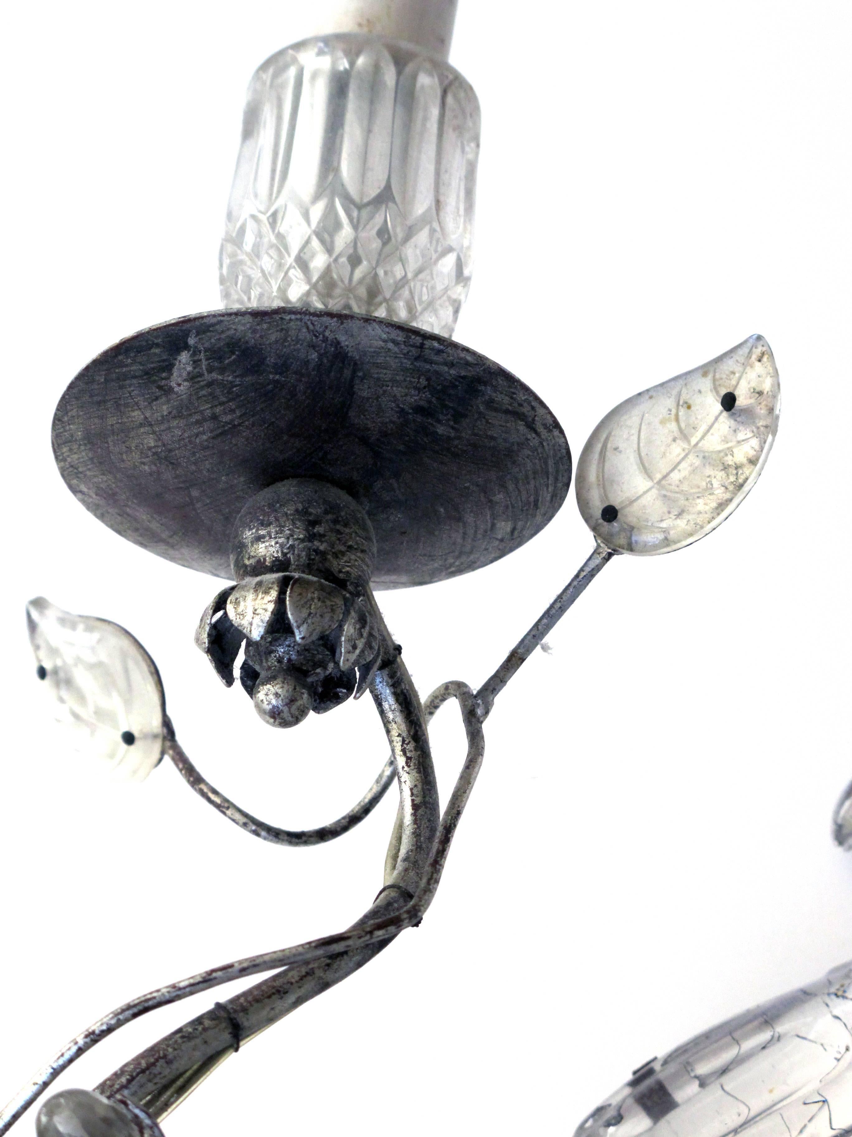 Hollywood Regency Elegant Pair of French Mid-Century Maison Bagues Style Silver Leaf Glass Sconce