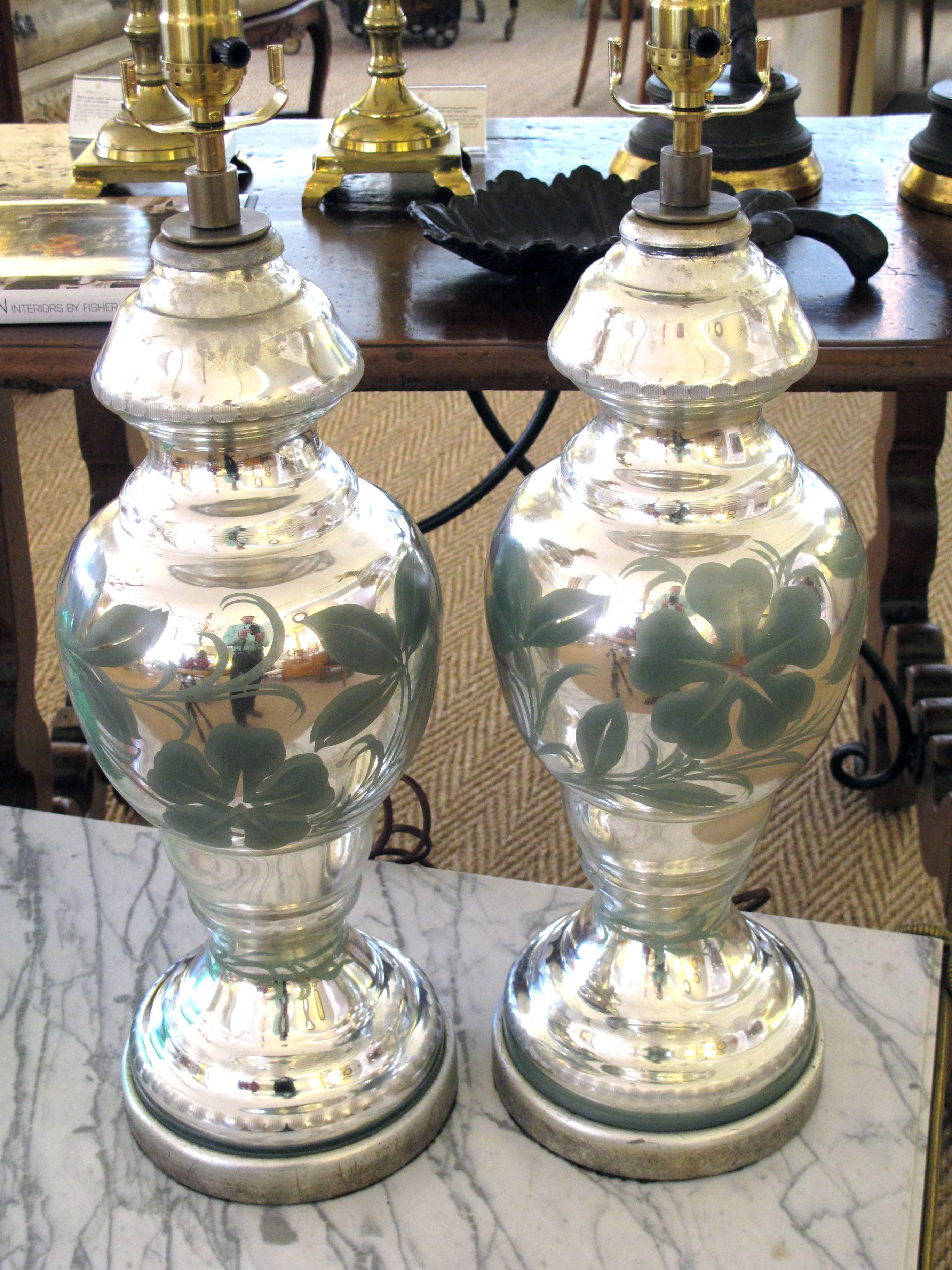 Good Quality Pair of French Mercury-Mirror Glass Lamps with Painted Floral Vines 1