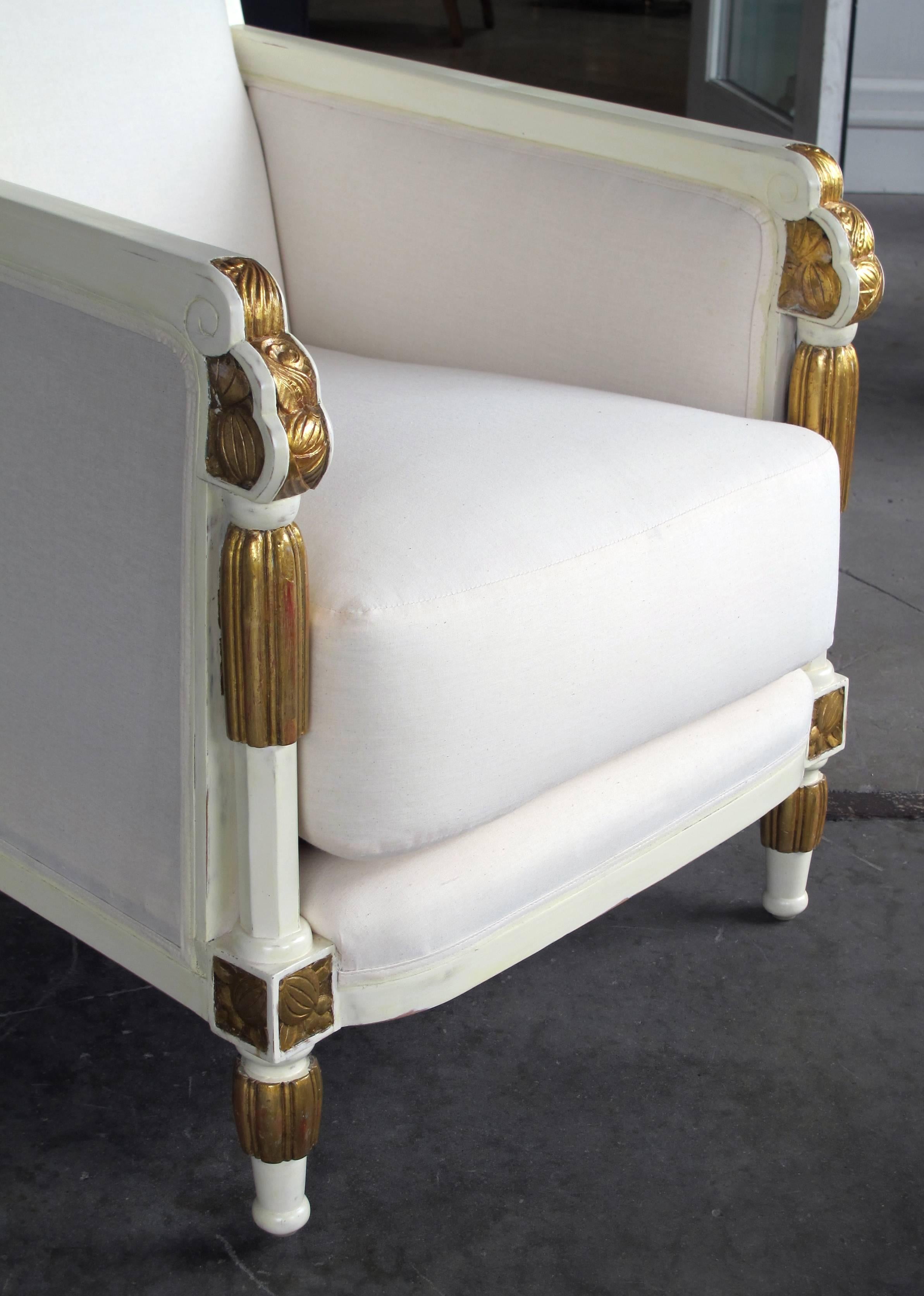 Lacquer Stylish French Art Deco Ivory Painted & Parcel-Gilt Suite of Two Chairs & Settee