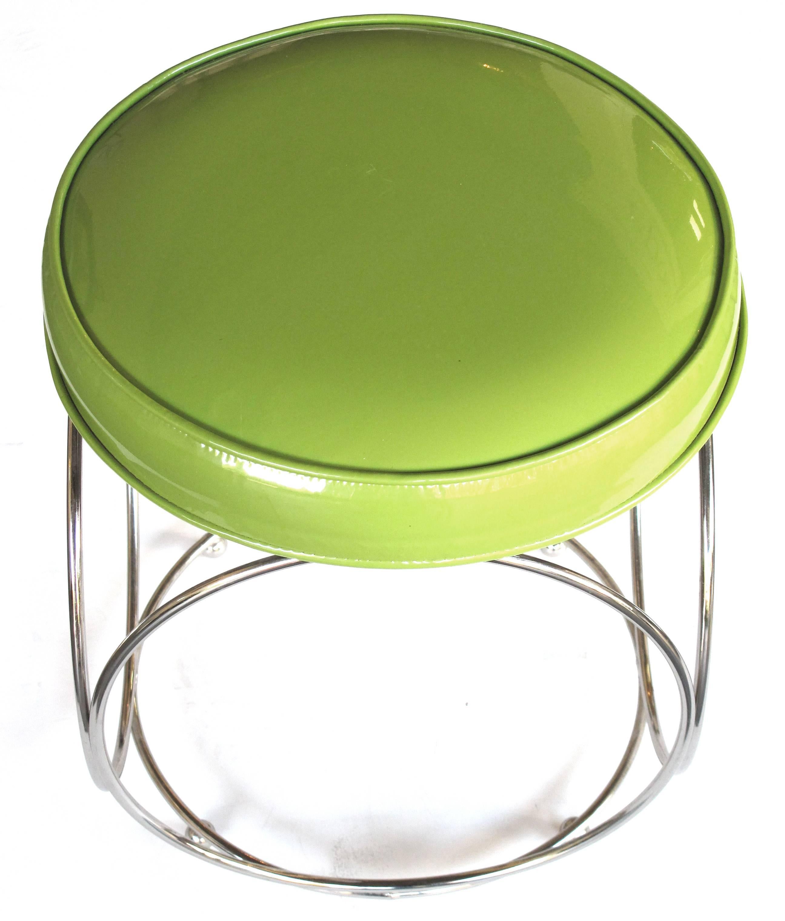 Mid-Century Modern Cool Pair of American George Koch & Sons Chrome Stools W Apple Green Vinyl Seats