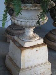 Handsome American Neoclassical Style Iron Painted Campagna Urns on Stands, pair