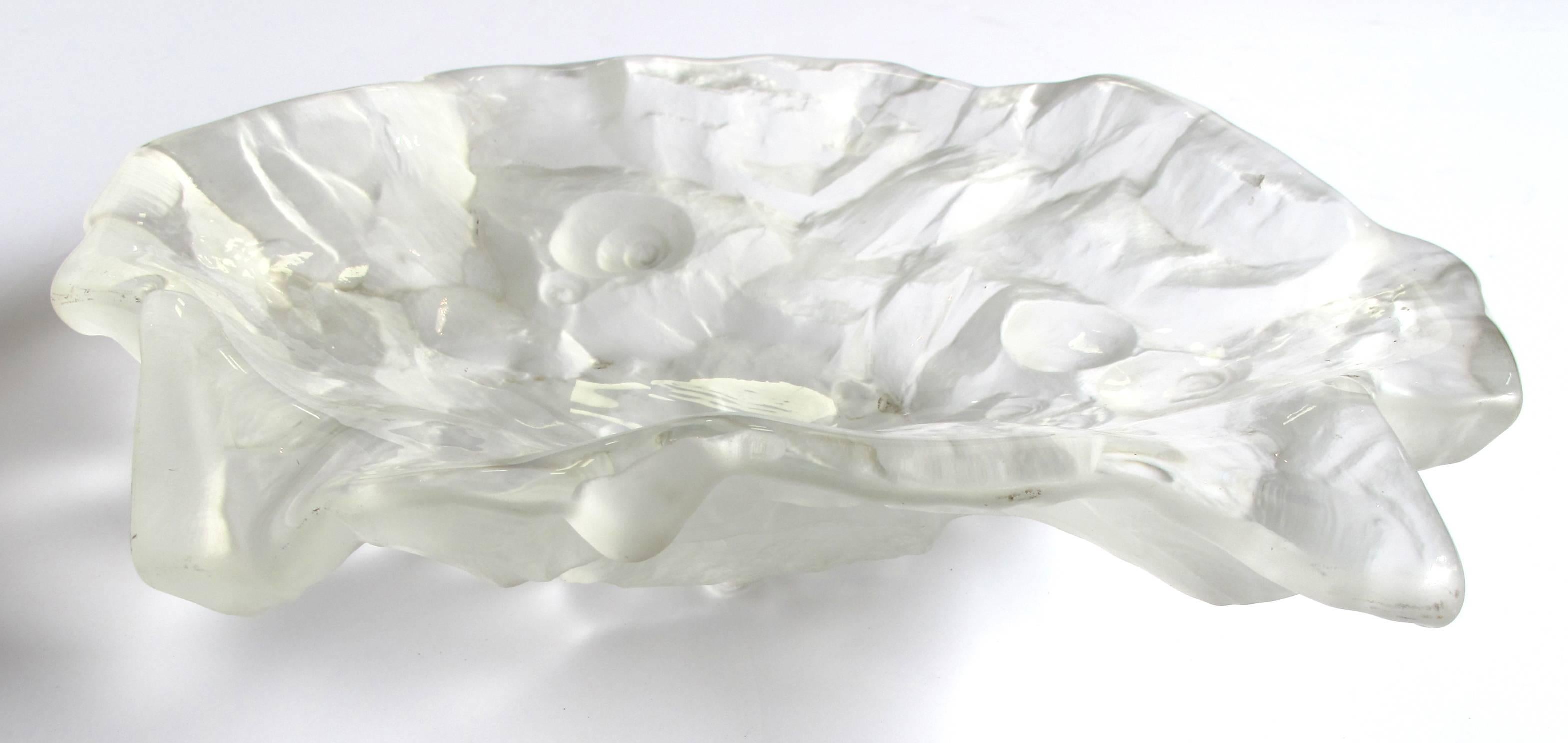 A good quality French 1980s frosted art glass bowl with snail motifs; the thickly-modeled irregularly-shaped bowl with polished interior and frosted exterior adorned with snails on a rocky surface.