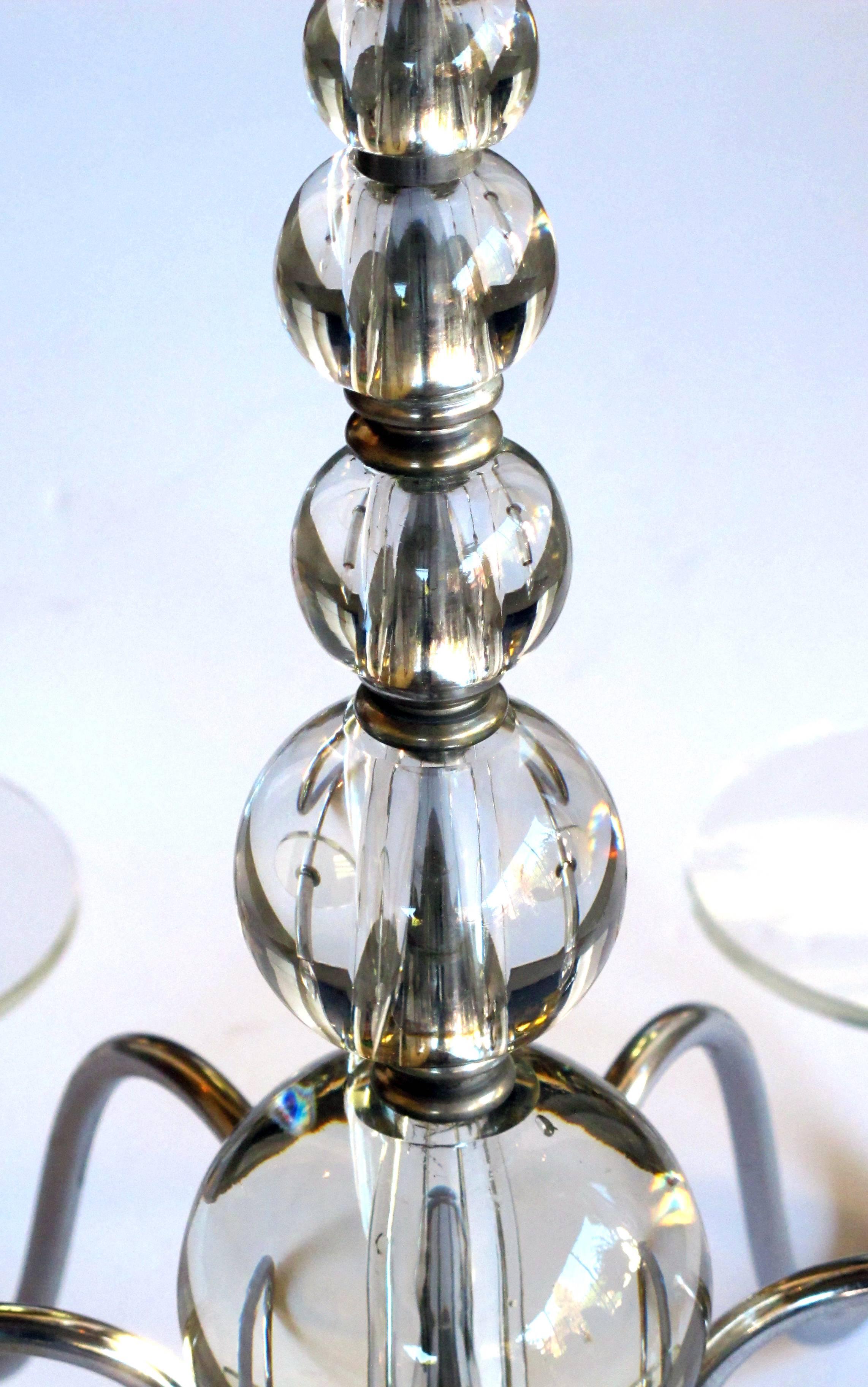 Stylish French Art Deco Six-Light Chrome Chandelier with Stacked Glass Spheres In Excellent Condition For Sale In San Francisco, CA