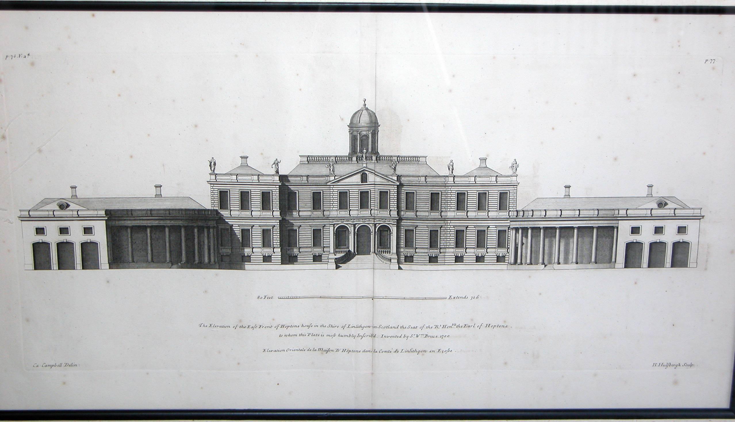 18th Century Rare Set of Three English Architectural Copper Engravings by Colen Campbell