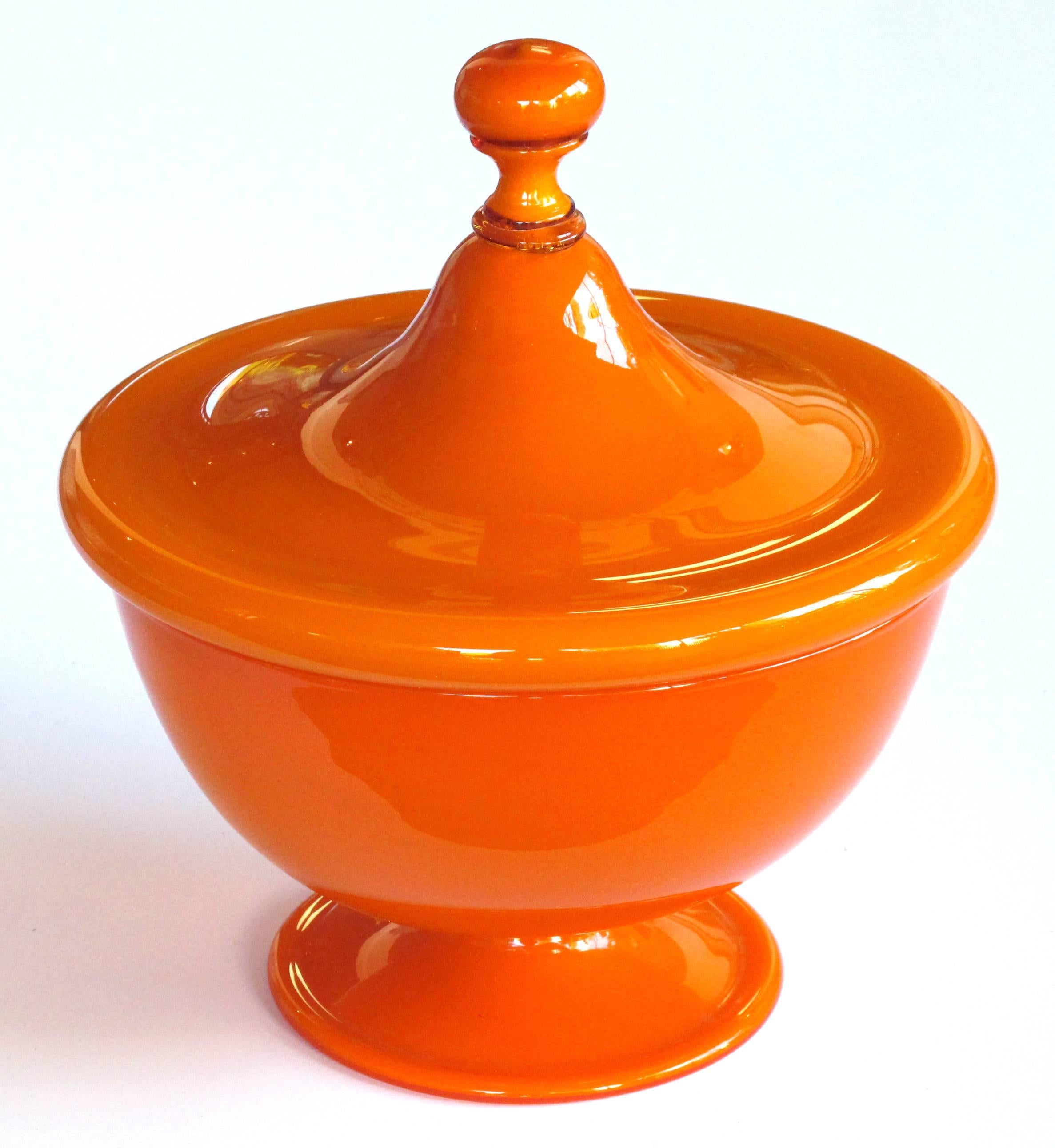 Mid-Century Modern Large-Scaled Set of Murano 1960s Orange Cased-Glass Covered Bowl and Compote