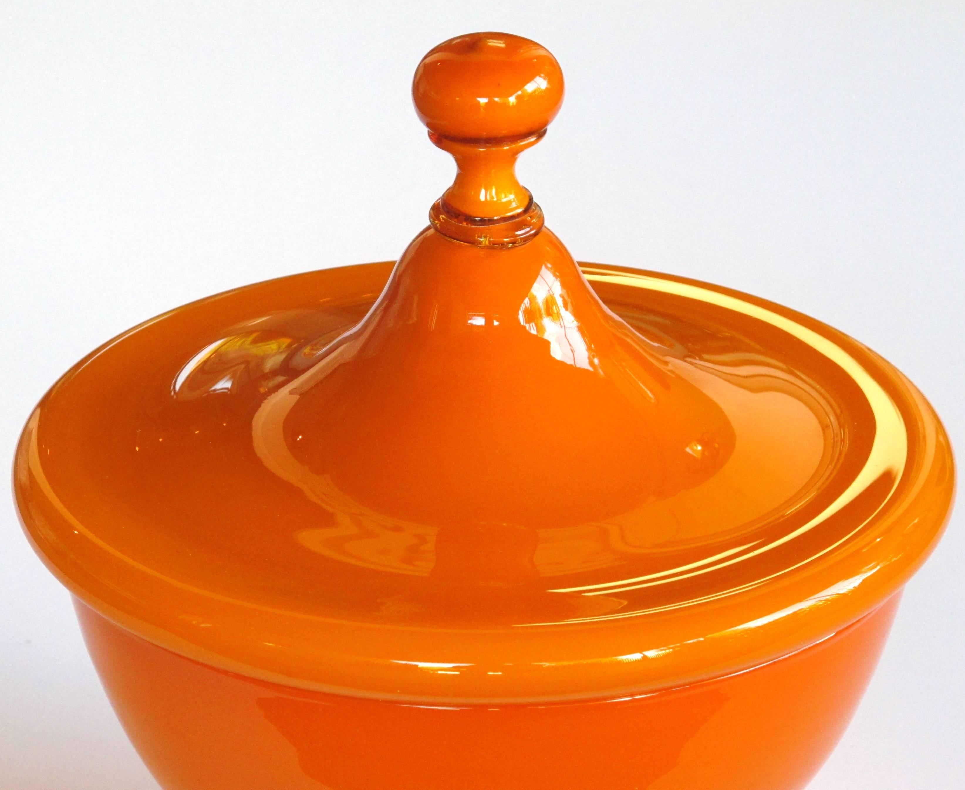 Mid-20th Century Large-Scaled Set of Murano 1960s Orange Cased-Glass Covered Bowl and Compote