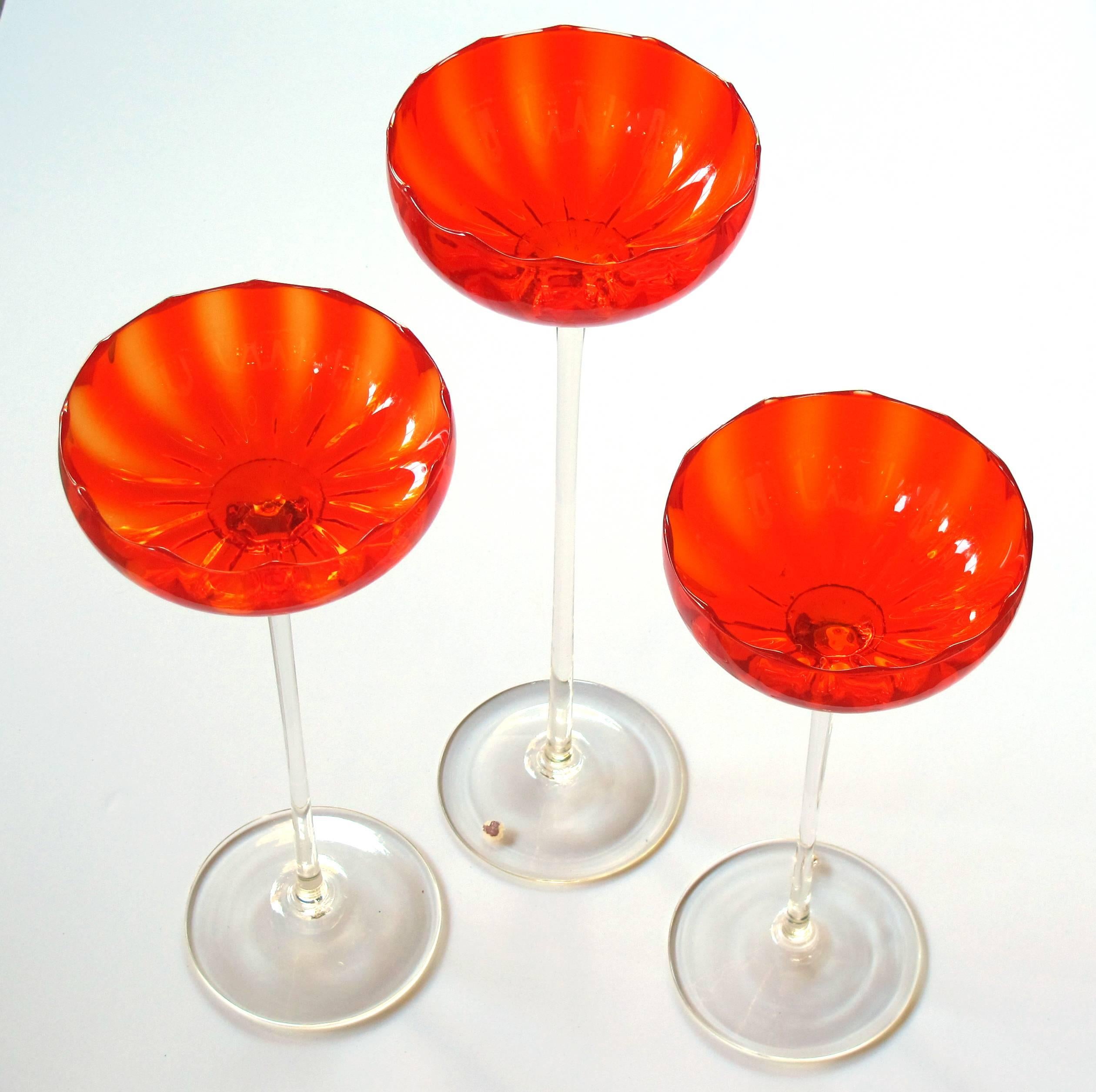 Italian Vibrant Set of Three Murano 1960s Orange Glass Compotes on Clear Glass Stems For Sale