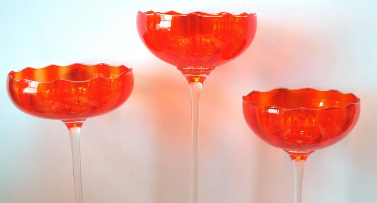 Mid-20th Century Vibrant Set of Three Murano 1960s Orange Glass Compotes on Clear Glass Stems For Sale