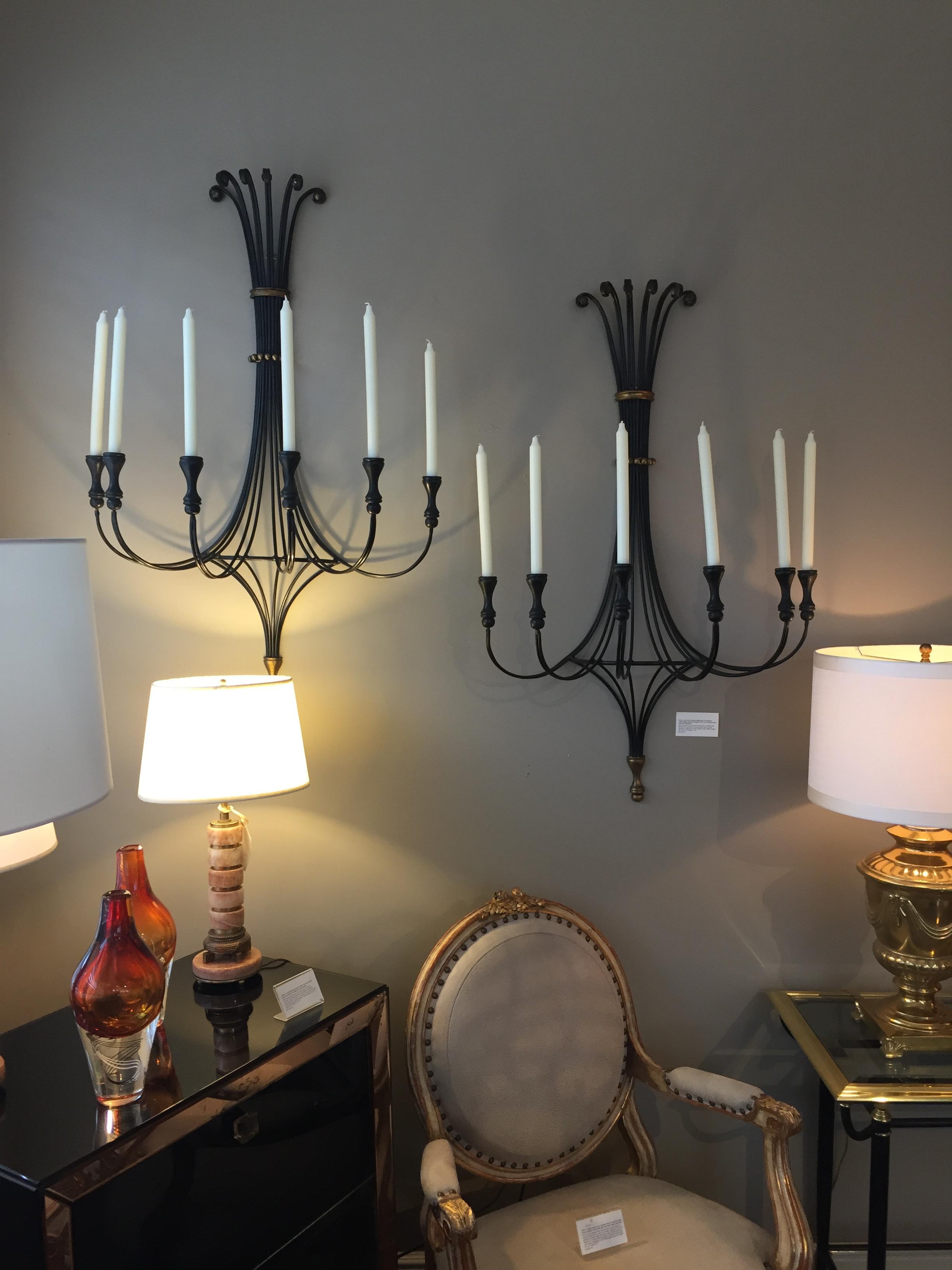 Mid-Century Modern Lyrical Pair of American 1960s Black Painted Wrought Iron Six-Arm Wall Sconces For Sale