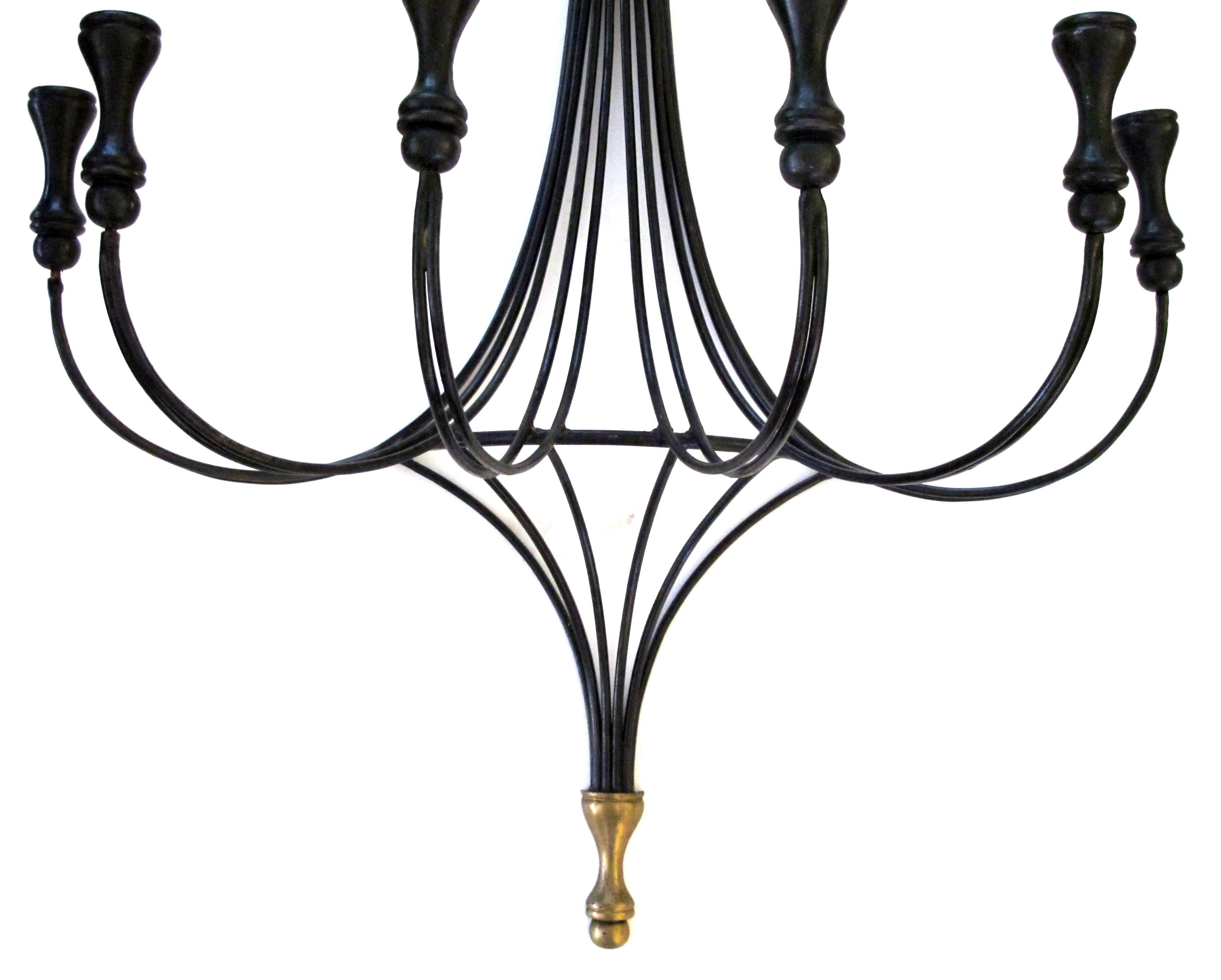 Lyrical Pair of American 1960s Black Painted Wrought Iron Six-Arm Wall Sconces In Excellent Condition For Sale In San Francisco, CA