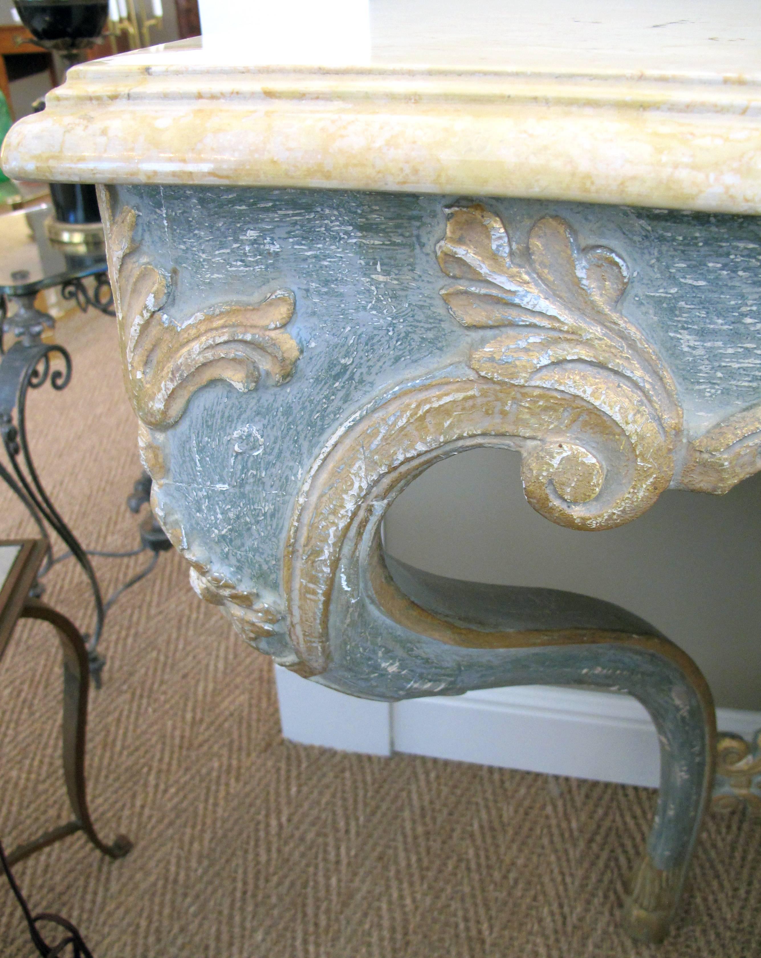 Elegant Custom-Made Italian Baroque Style Aqua and Ochre Painted Console Table In Excellent Condition For Sale In San Francisco, CA