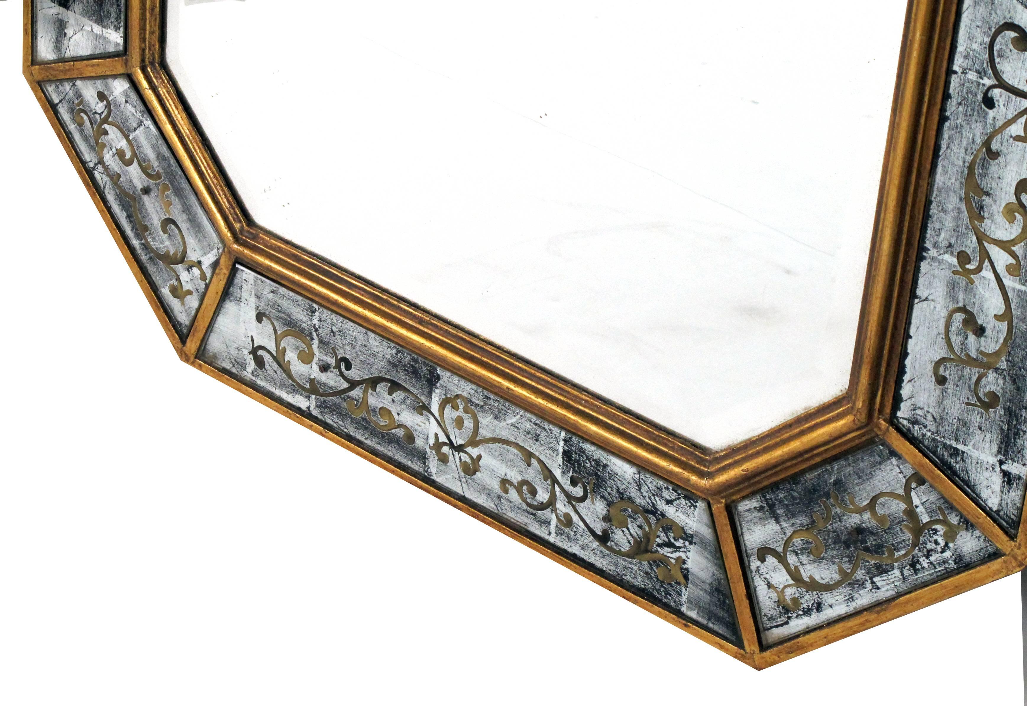 Art Deco Chic French Maison Jansen 1940s Octagonal Giltwood and Eglomise Mirror