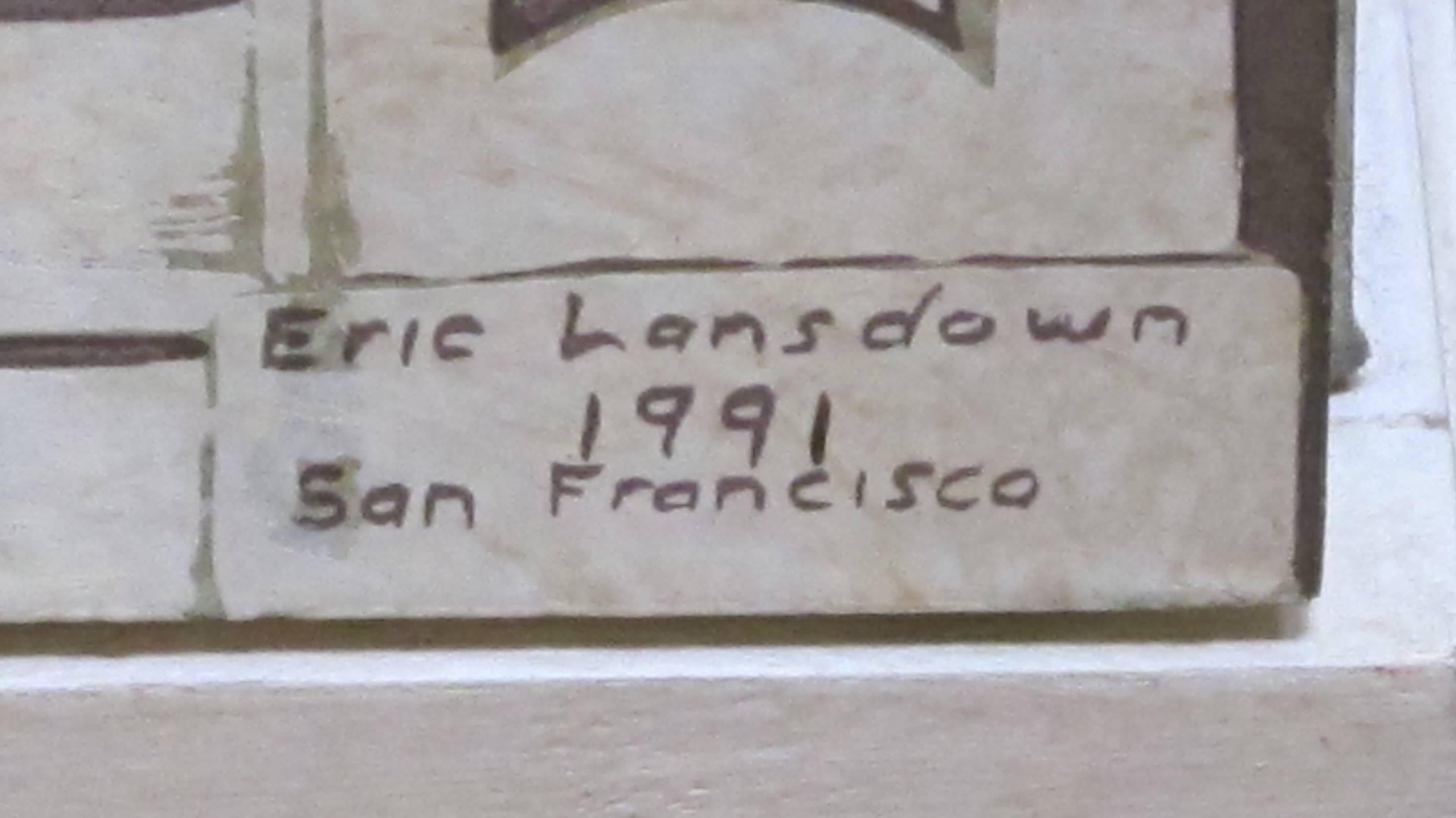 A rare and masterfully crafted wooden painted and silk-screened dollhouse or cabinet of a charming neoclassical 'Casa Piccola' by famed artisan Eric Lansdown; signed 'Eric Lansdown 1991 San Francisco'; with hinged facade fitted with glass windows