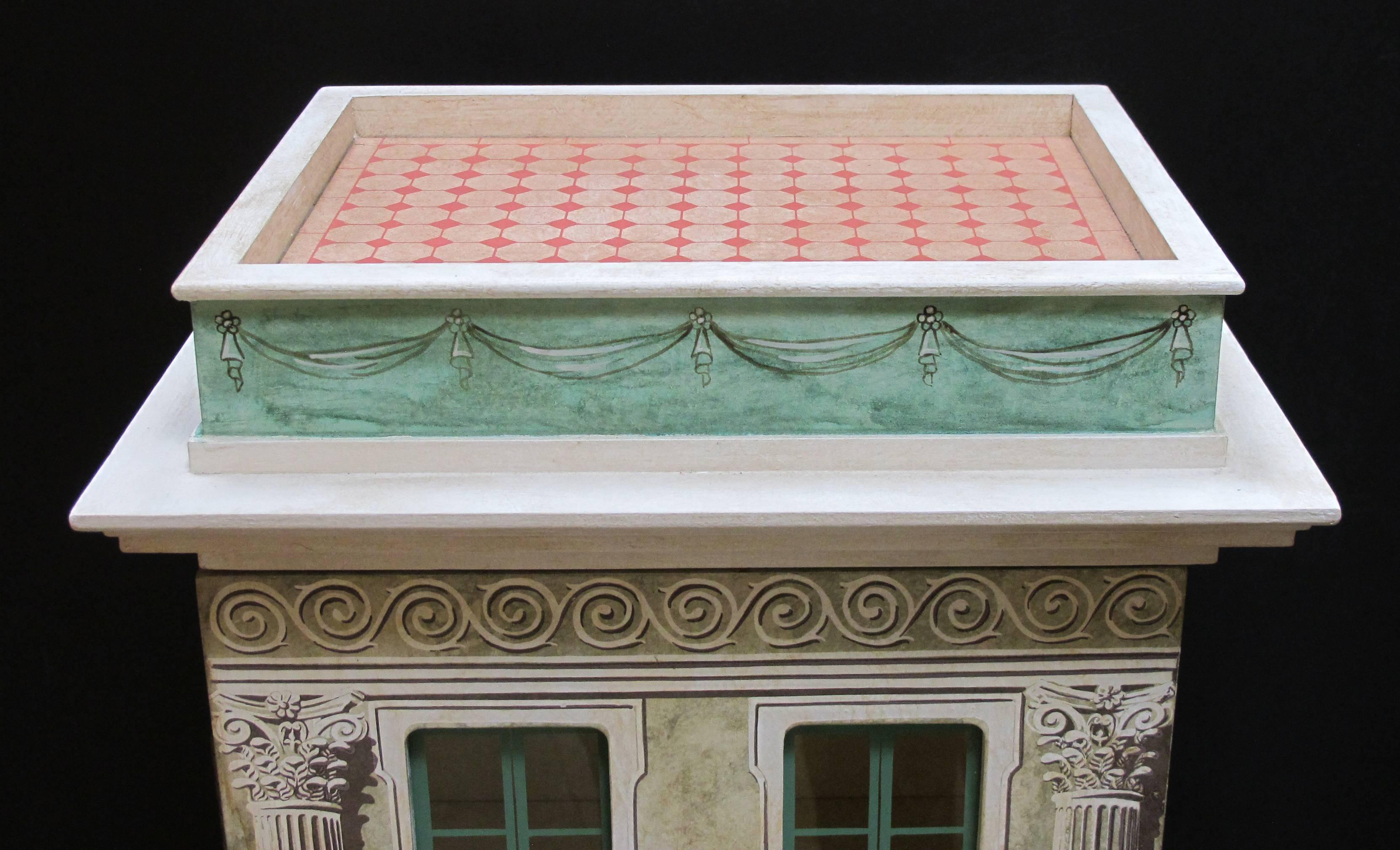 Late 20th Century Masterfully Crafted Wooden & Silk-Screen Dollhouse/Cabinet Signed Eric Lansdown