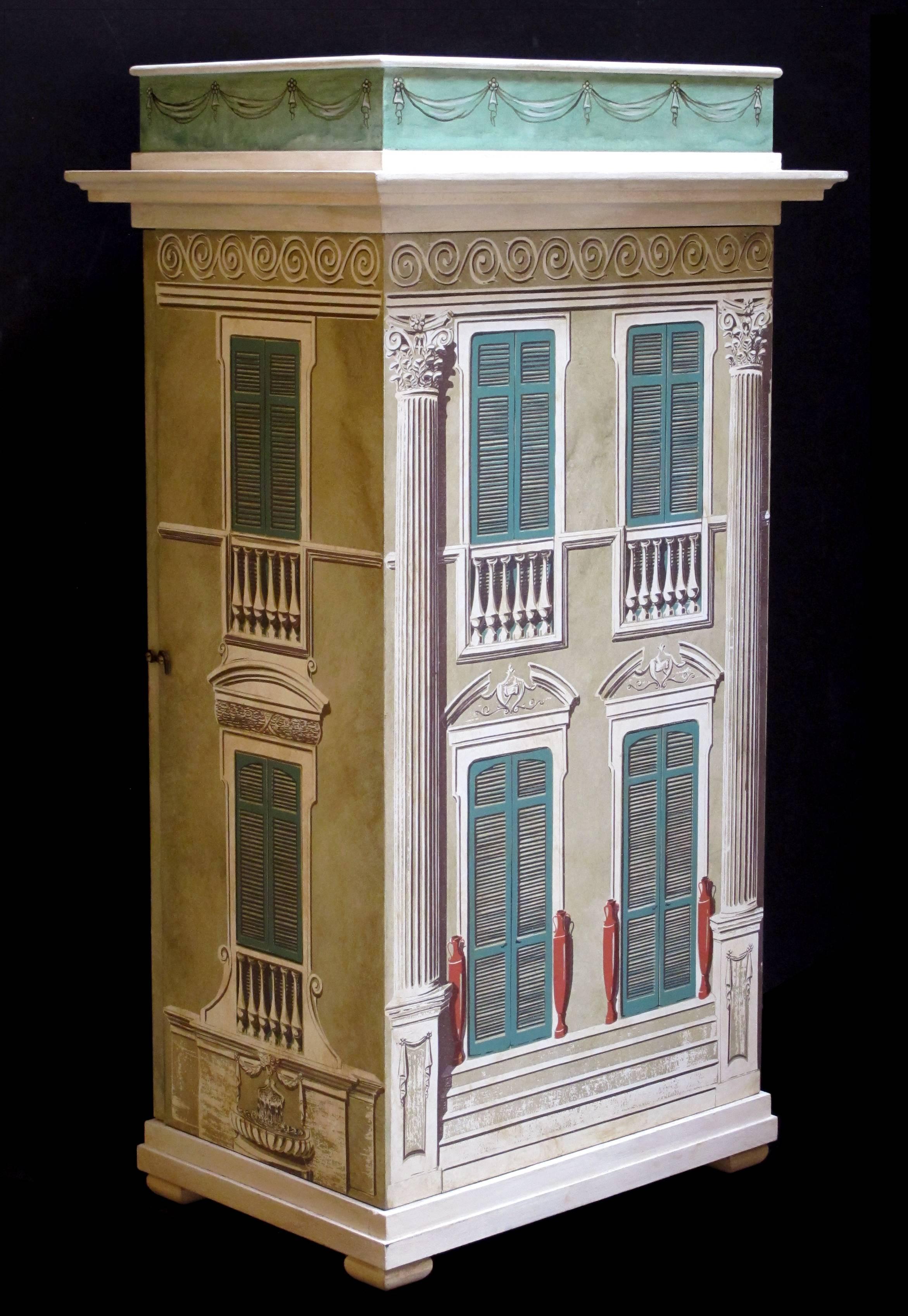 Masterfully Crafted Wooden & Silk-Screen Dollhouse/Cabinet Signed Eric Lansdown 1