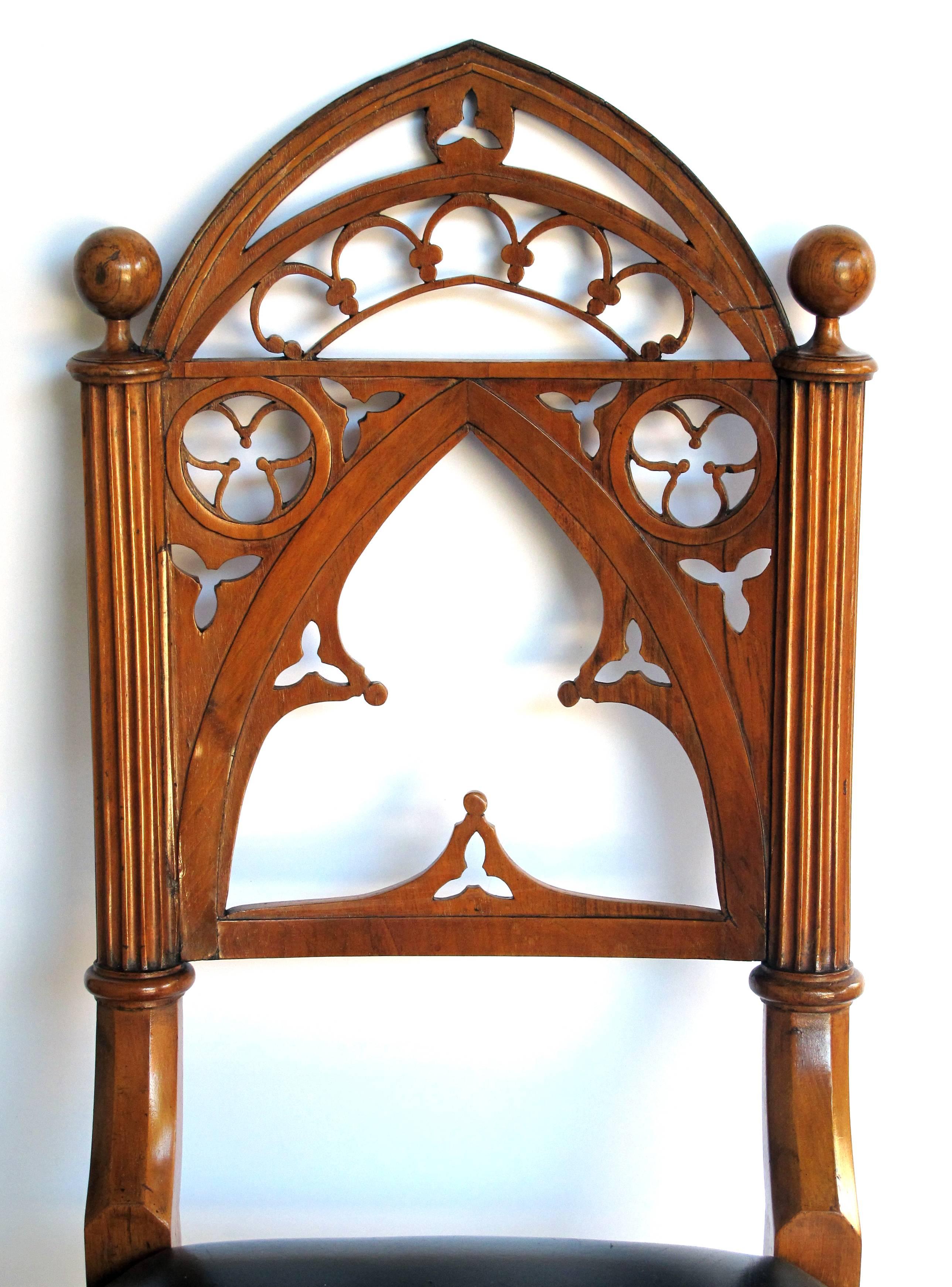 19th Century Well-Carved Set of Four Gothic Revival Klismos-Form Walnut Side Chairs