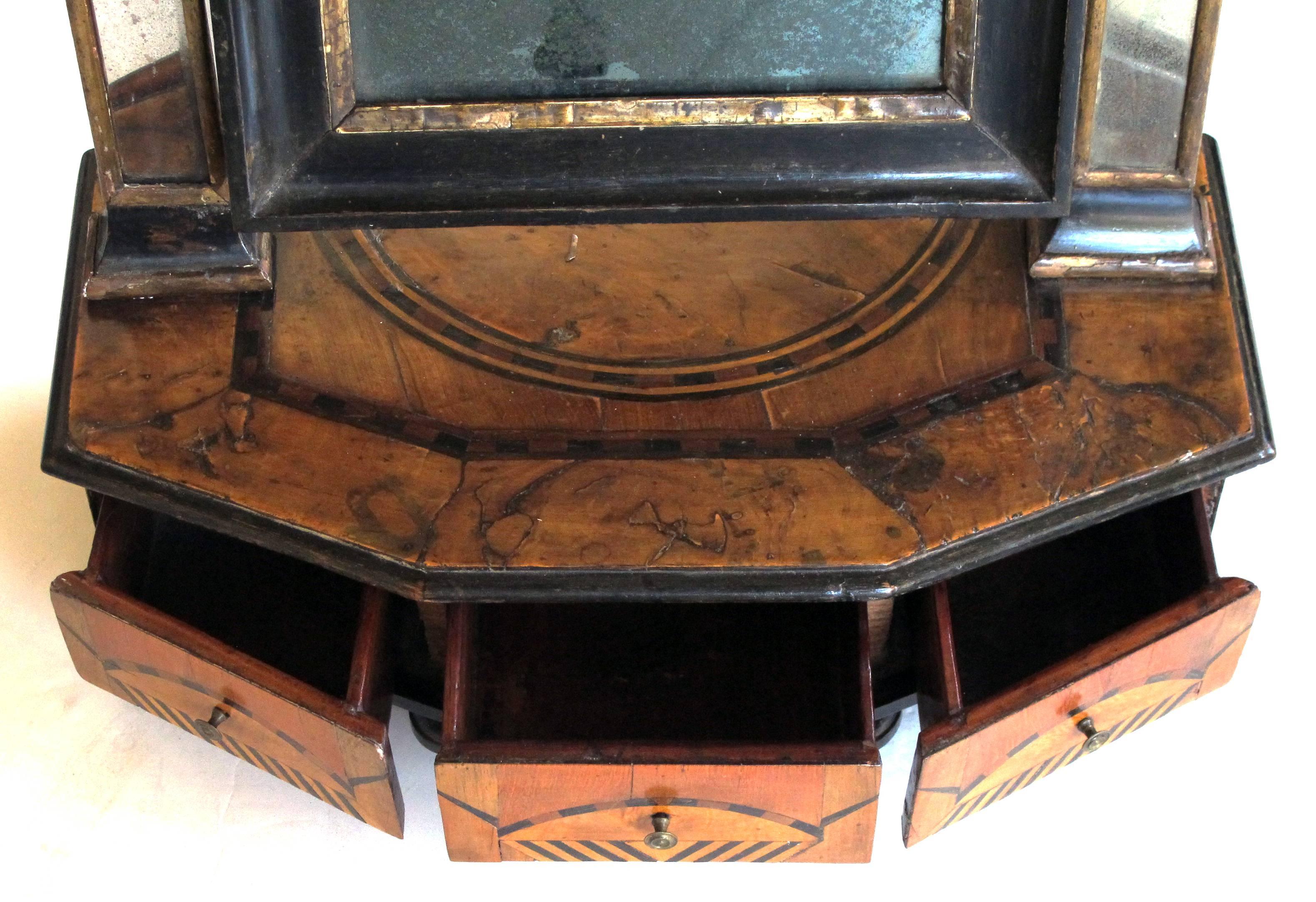 19th Century Rare and Richly Patinated Italian Burl Walnut Three-Drawer Dressing Mirror