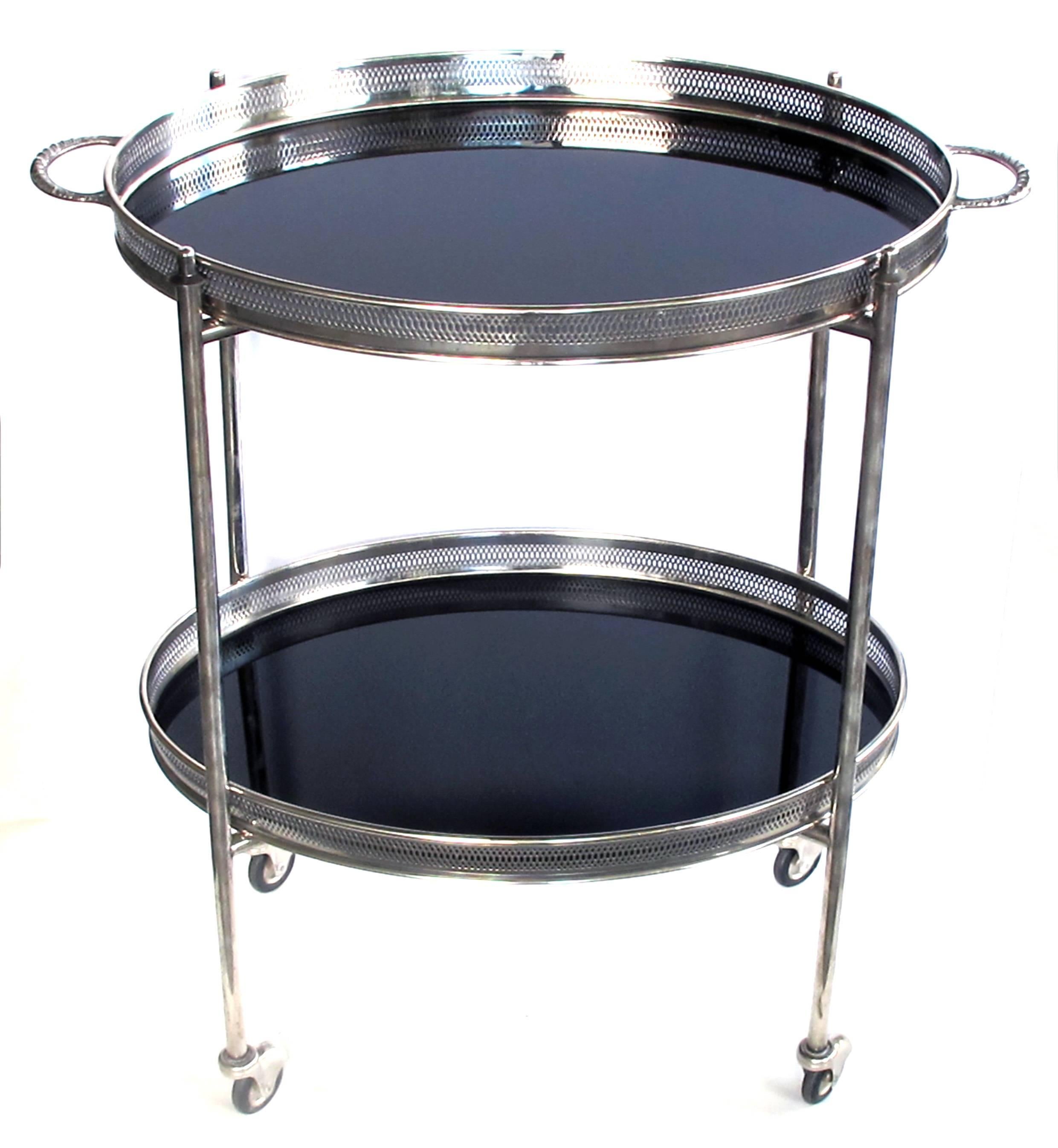 Elegant French Nickel-Plated Oval-Form Drinks/Bar Cart with Black Glass Trays In Excellent Condition In San Francisco, CA