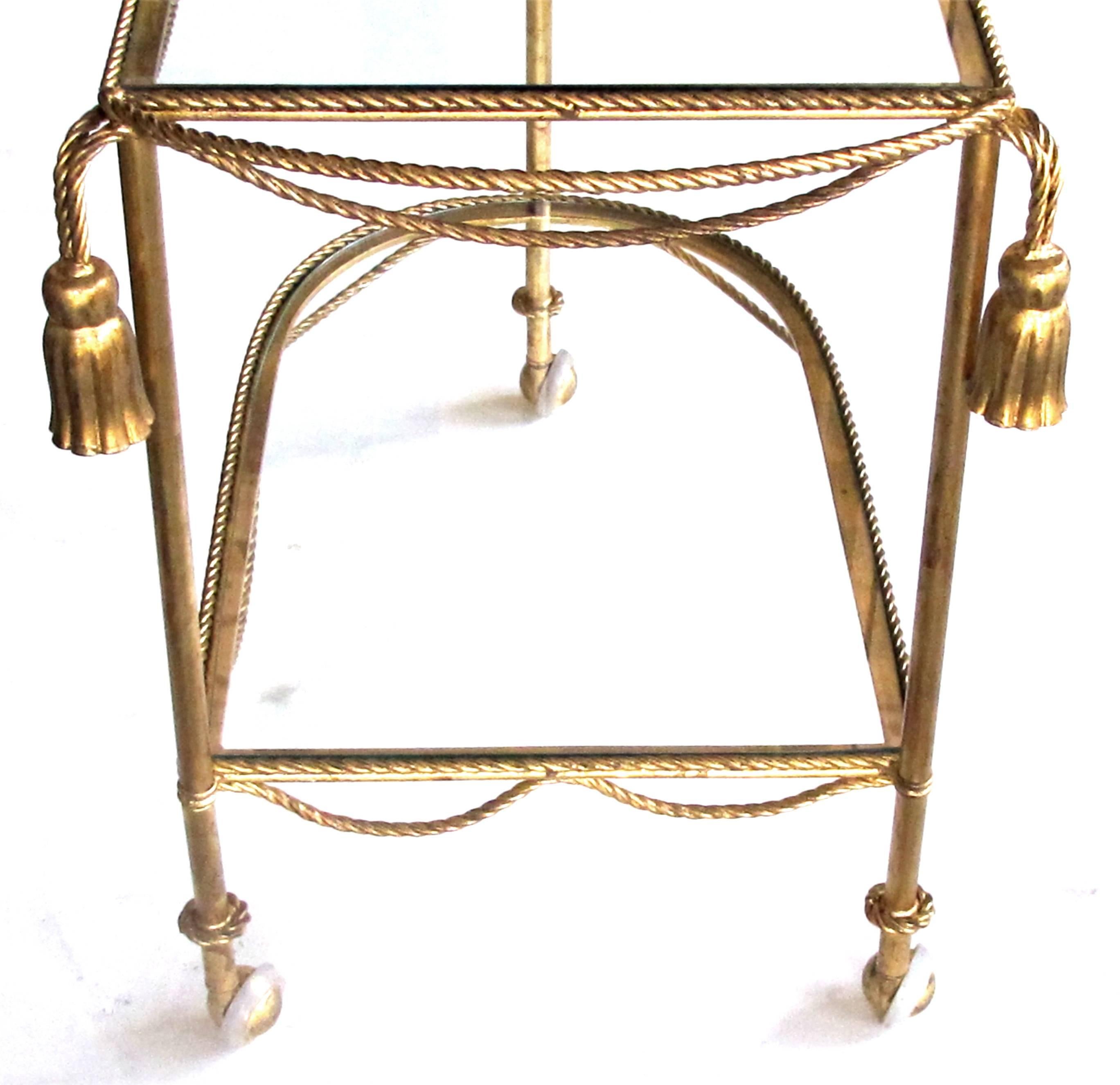 Chic Pair of Italian Hollywood Regency Gilt-Tole Drinks Carts with Glass Shelves 1