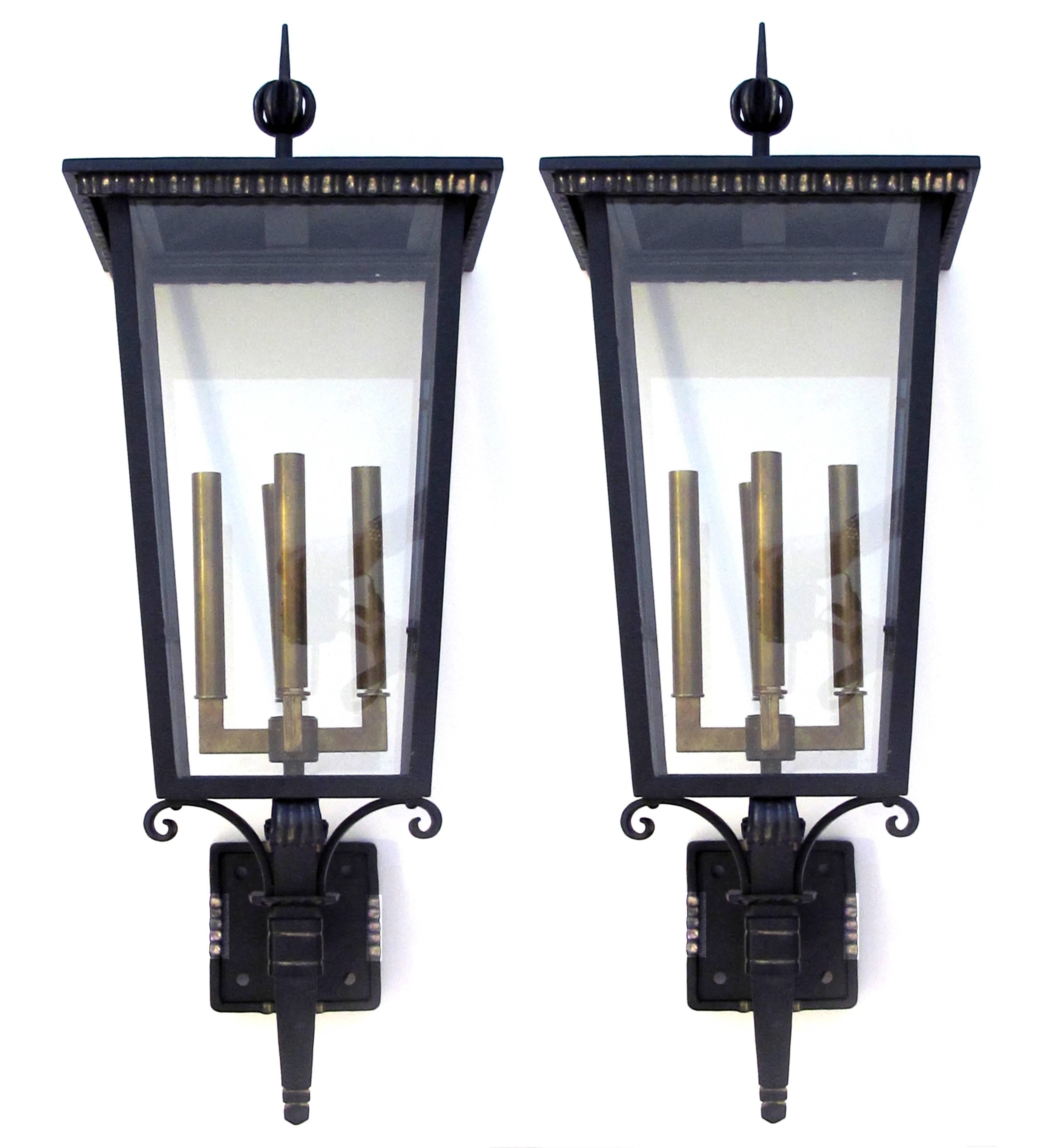 Pair of French Art Deco 1930s Iron & Tole Glazed Exterior Four-Light Lanterns 2