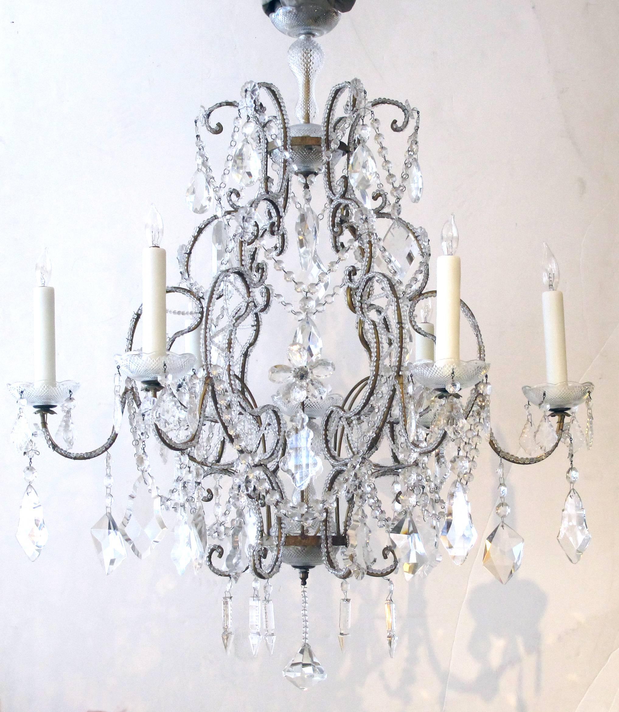 Lustrous Italian Rococo Style Cage-From Beaded Six-Light Chandelier In Excellent Condition For Sale In San Francisco, CA