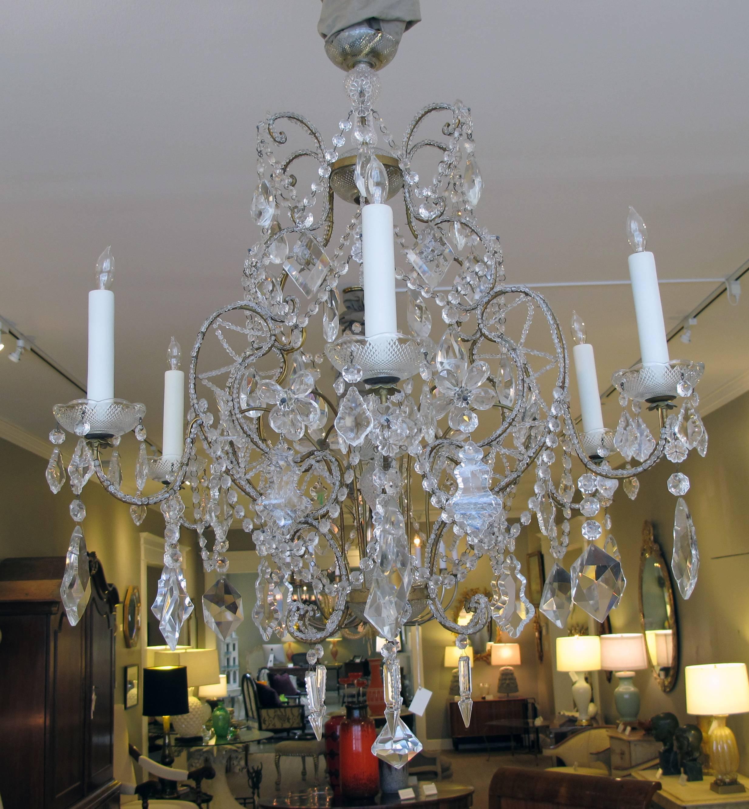 Early 20th Century Lustrous Italian Rococo Style Cage-From Beaded Six-Light Chandelier For Sale