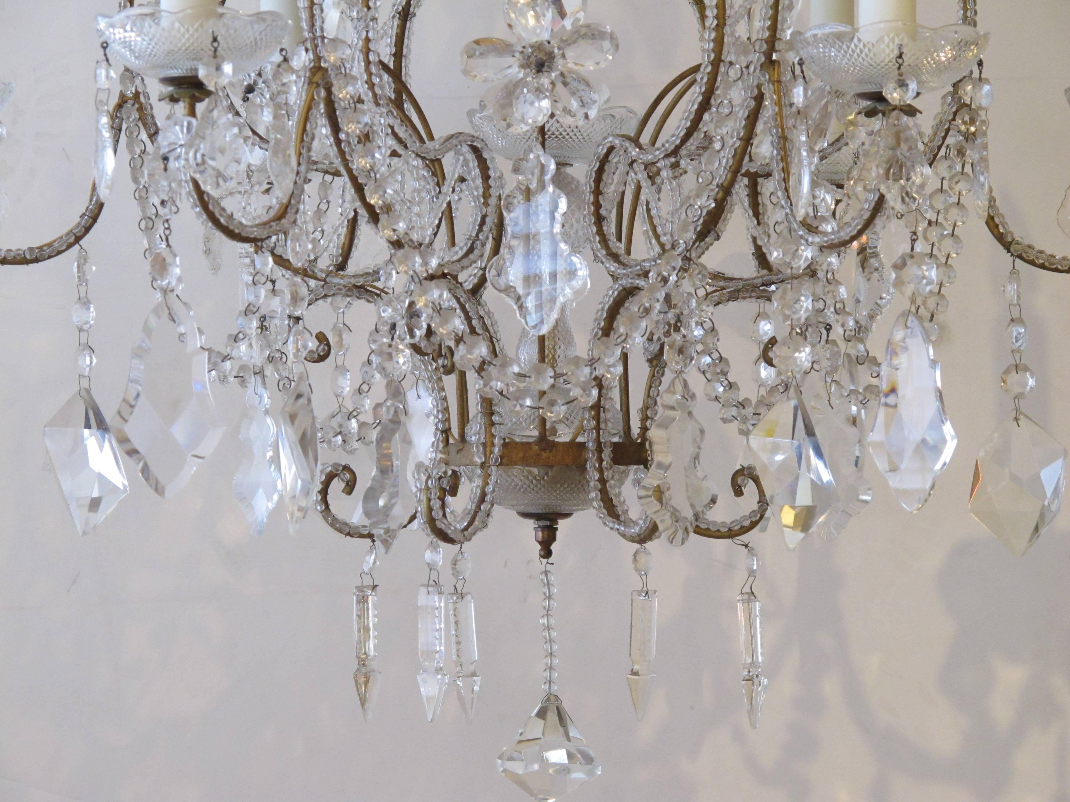 Lustrous Italian Rococo Style Cage-From Beaded Six-Light Chandelier For Sale 1