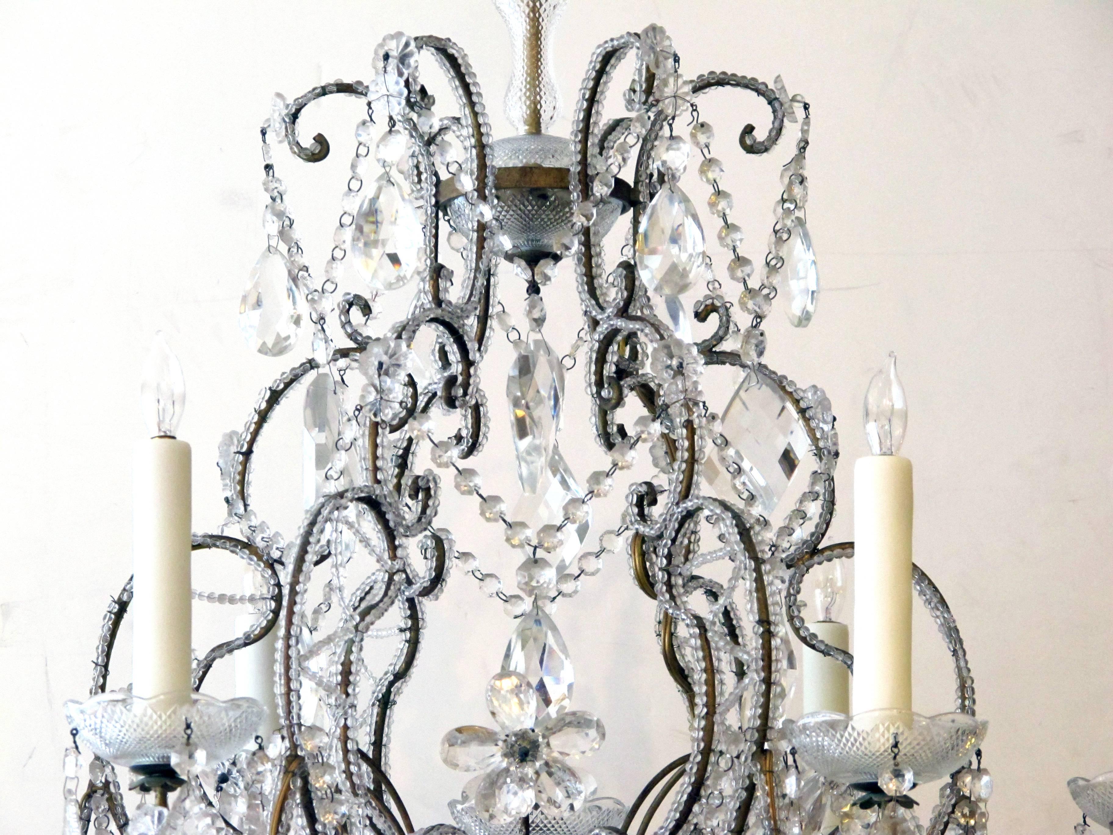 Lustrous Italian Rococo Style Cage-From Beaded Six-Light Chandelier For Sale 2