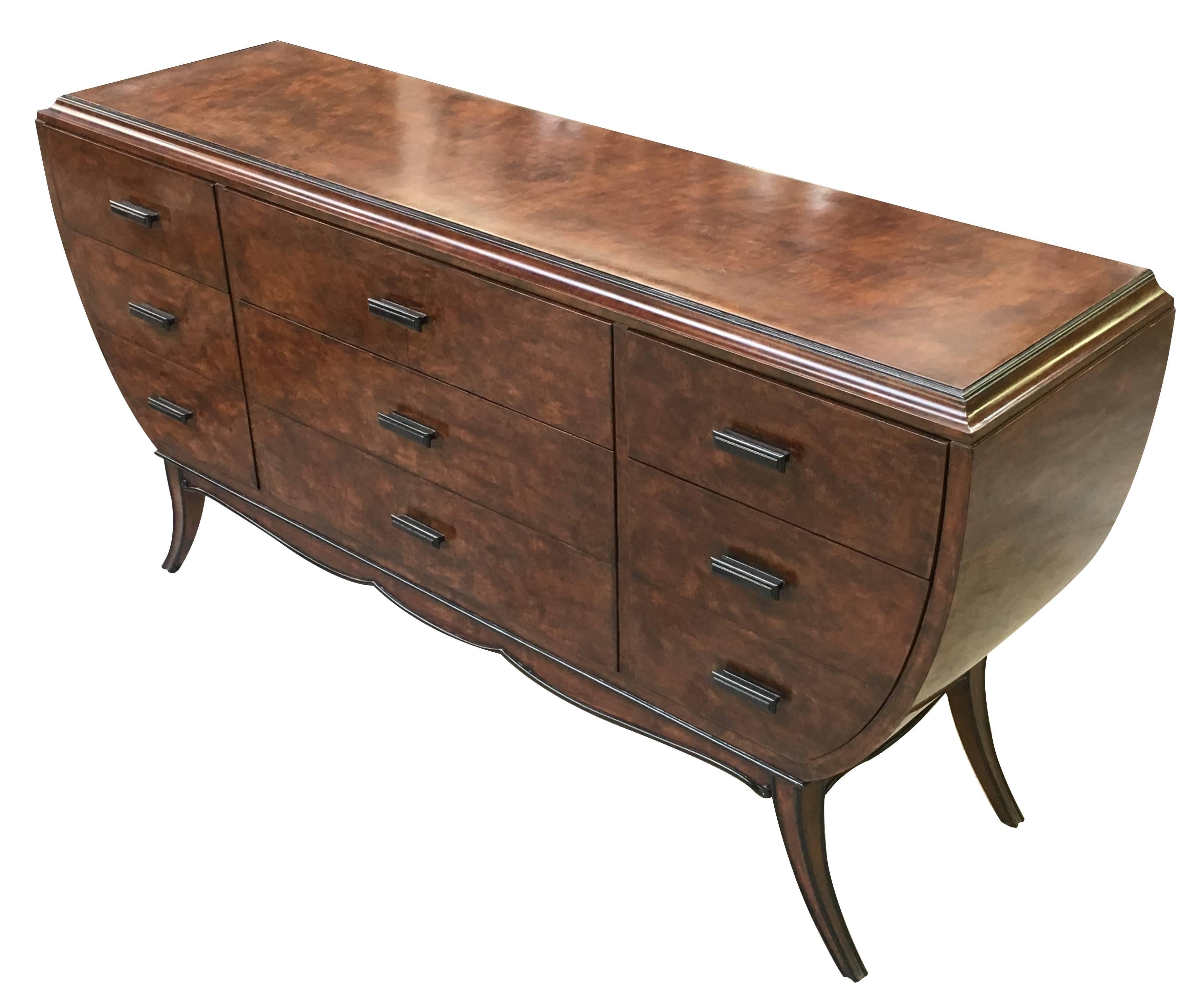 Mid-Century Modern Shapely and Good Quality Italian 1960s Madrone Burl Wood Nine-Drawer Chest