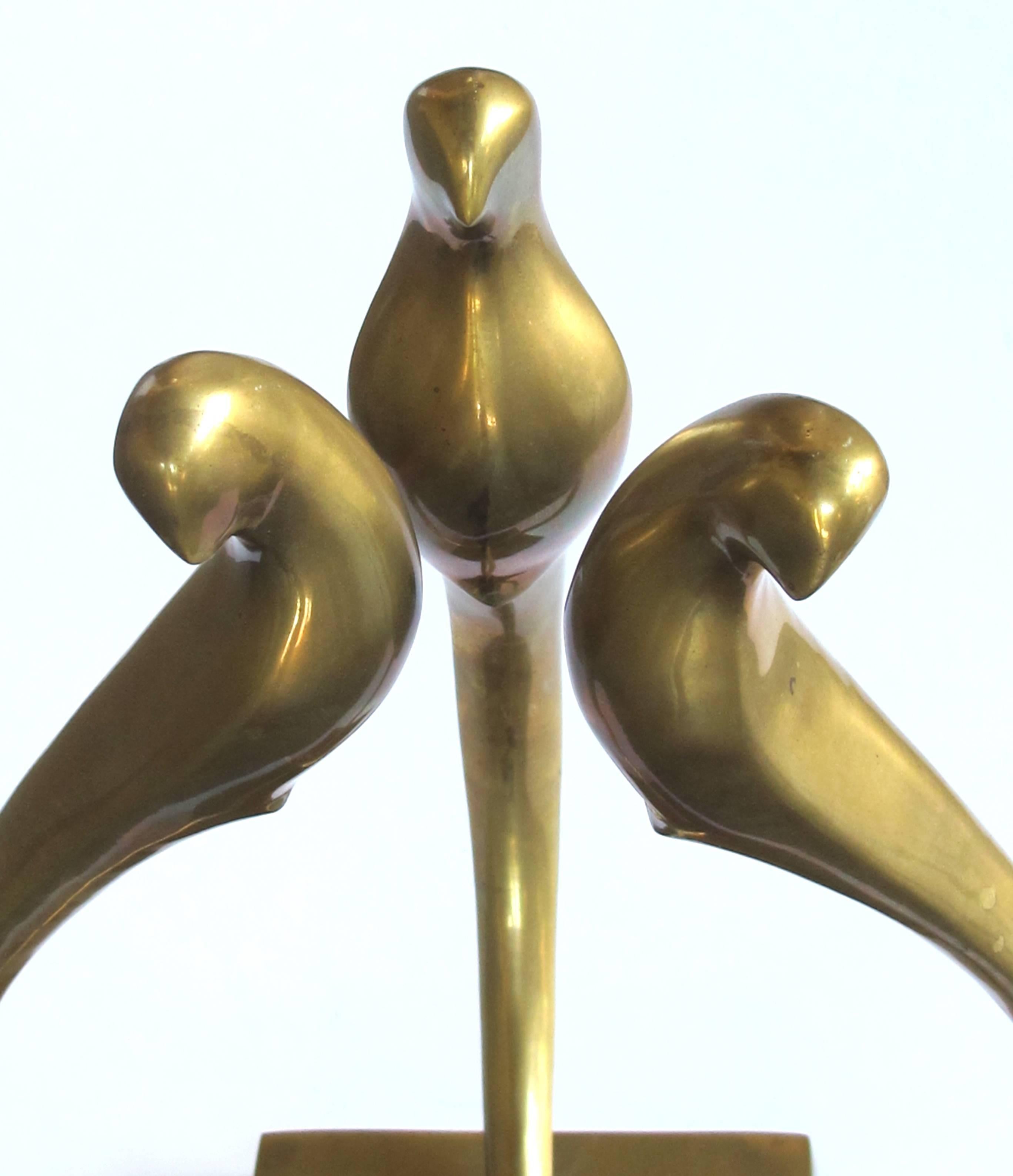 Mid-Century Modern Elegant Modeled Italian Brass Sculpture of Three Stylized Birds with Long Tails