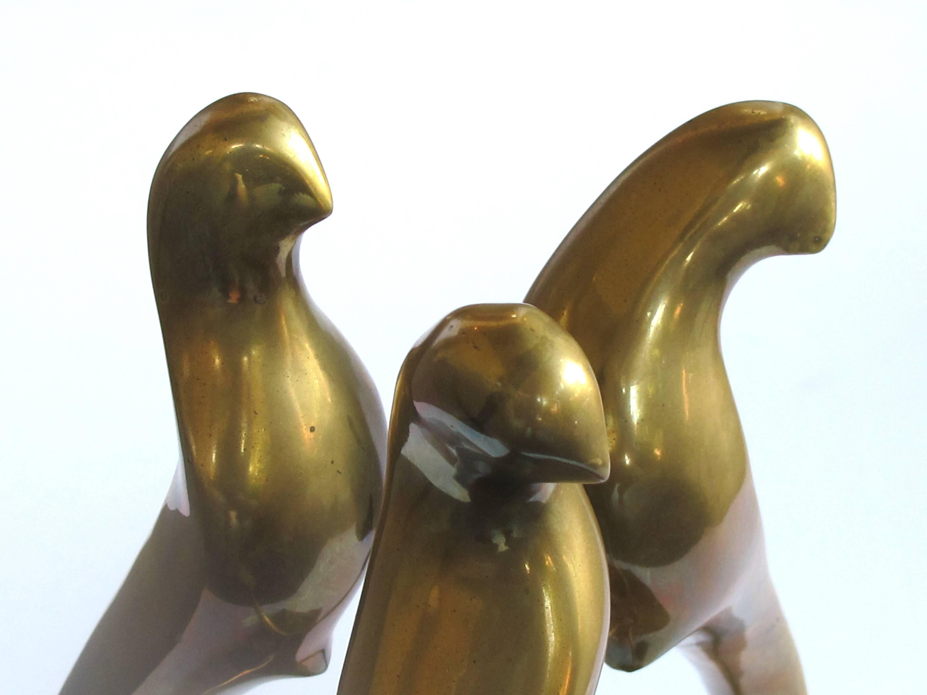 Mid-20th Century Elegant Modeled Italian Brass Sculpture of Three Stylized Birds with Long Tails