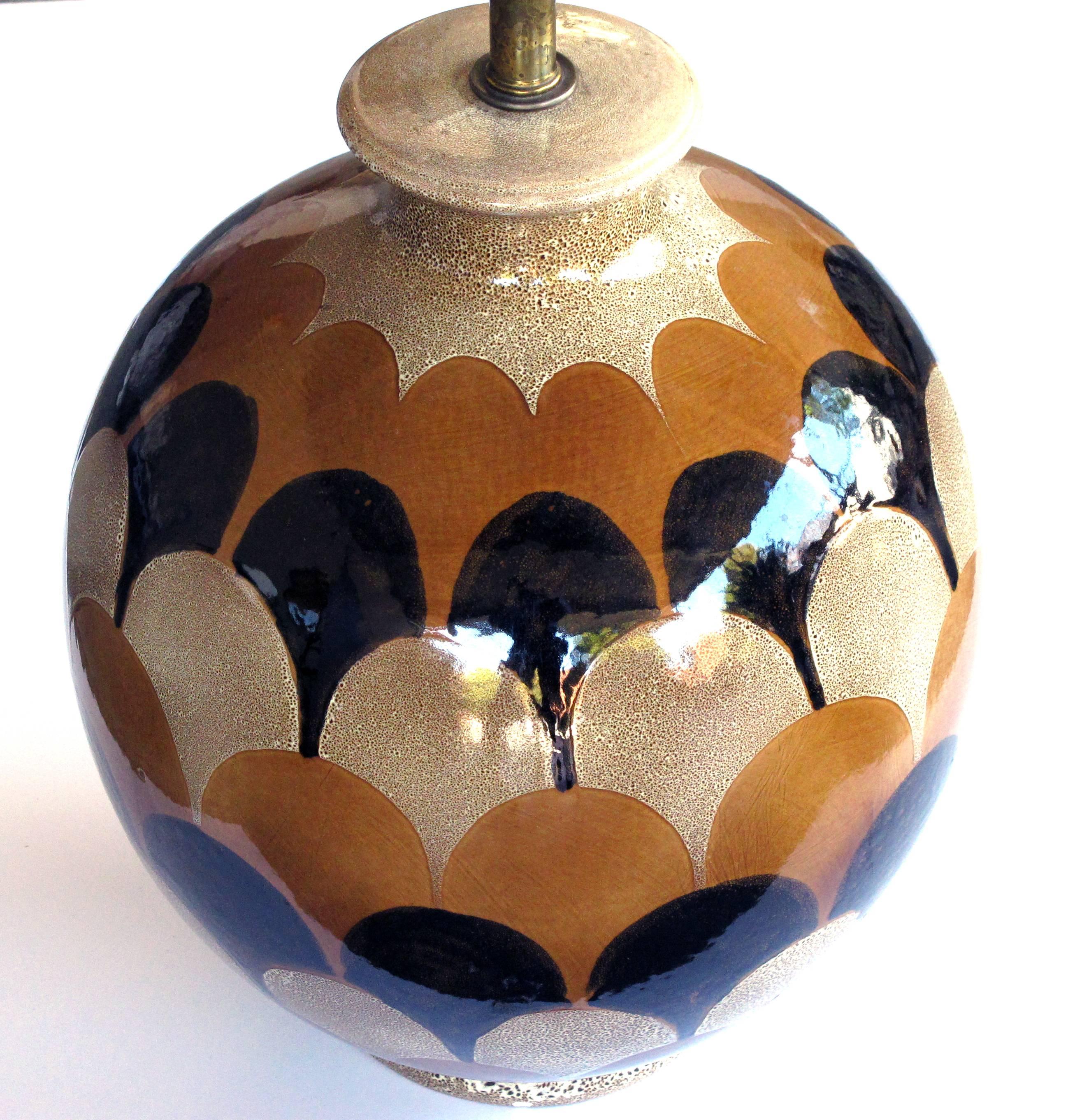 Modern Pair of Italian Handmade Ovoid-Shaped Ceramic Lamps with Imbricating Glaze