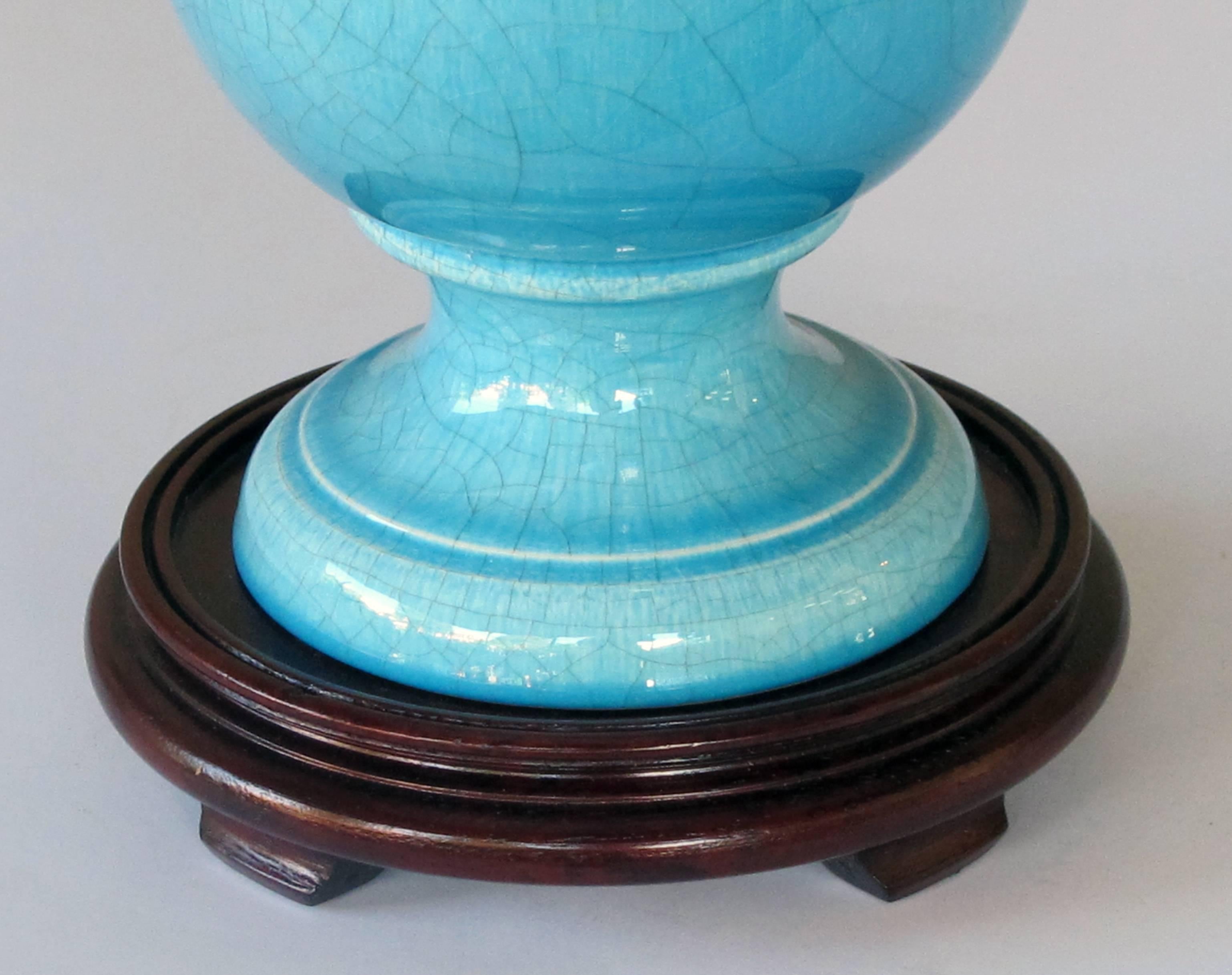 Striking Pair of French Art Deco Turquoise Crackle-Glazed Urns Now Lamps In Excellent Condition For Sale In San Francisco, CA