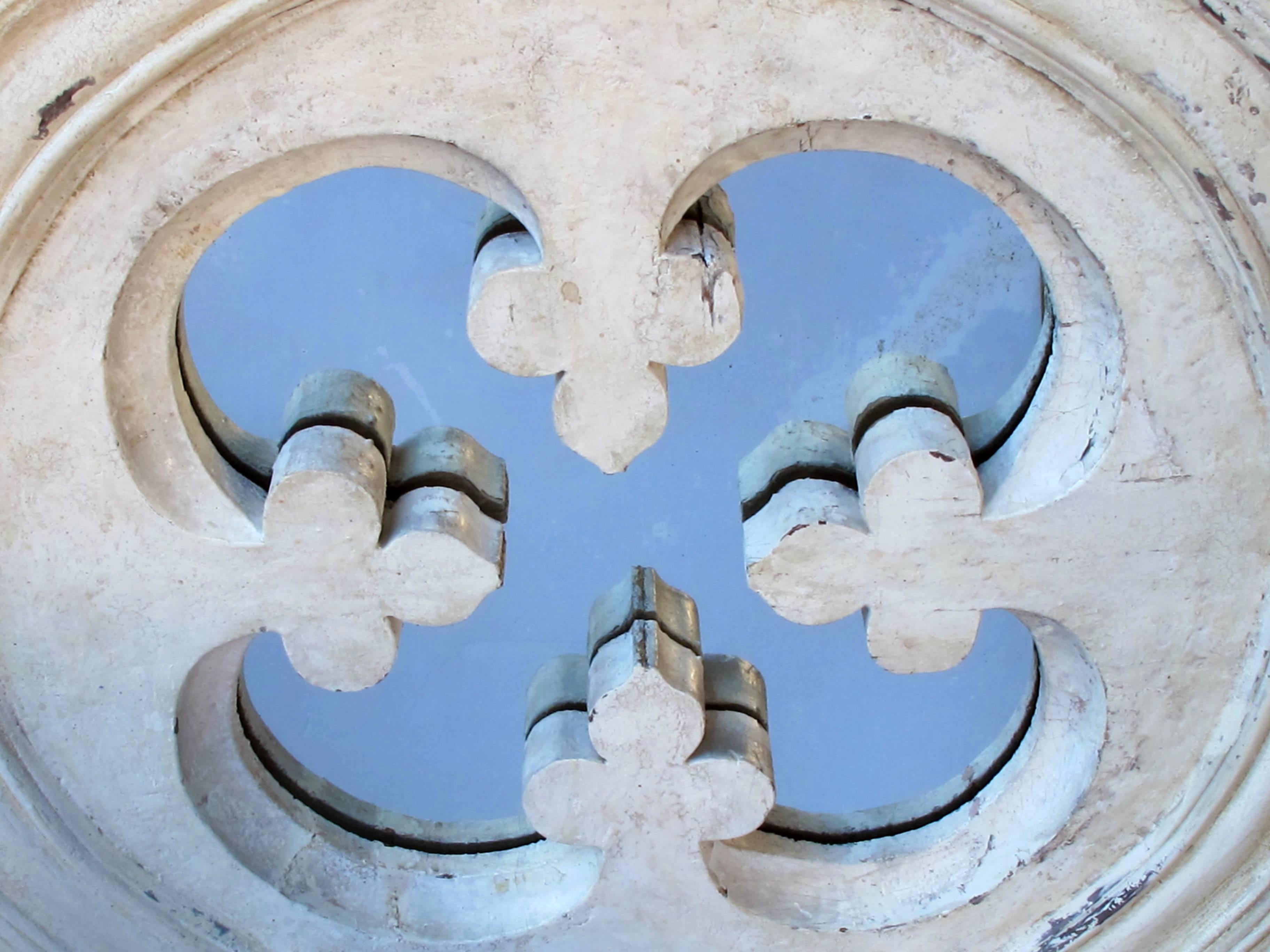 Boldly-Scaled French Neo-Gothic White Painted Window Frame Mounted as a Mirror In Excellent Condition In San Francisco, CA