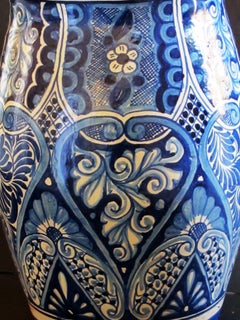 Mexican Hand-Thrown Blue and White Glazed Barrel-Form Pot from Talavera Vazquez