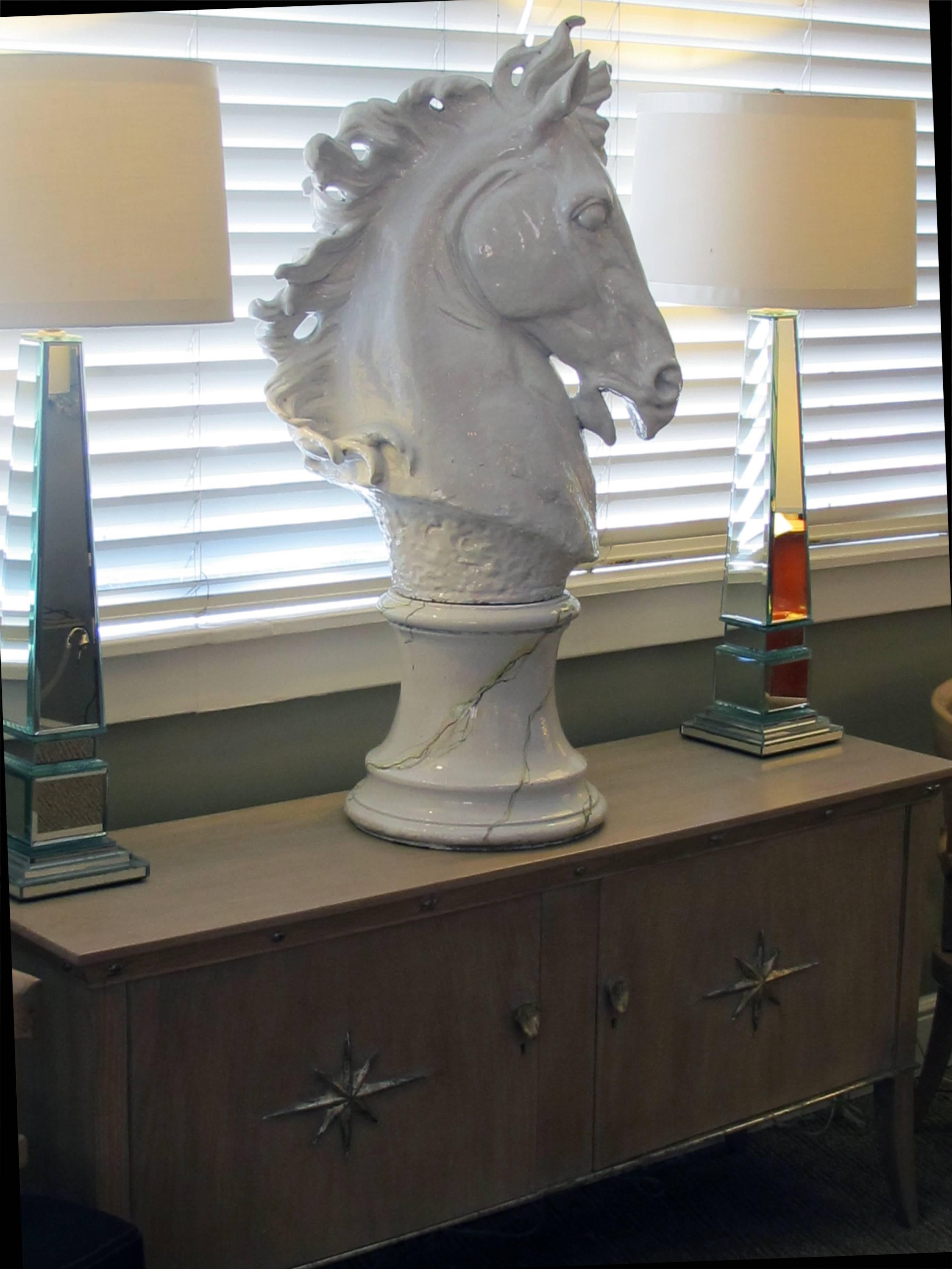 Monumental and Expressive Italian Majolica Midcentury White-Glazed Horse Head For Sale 1