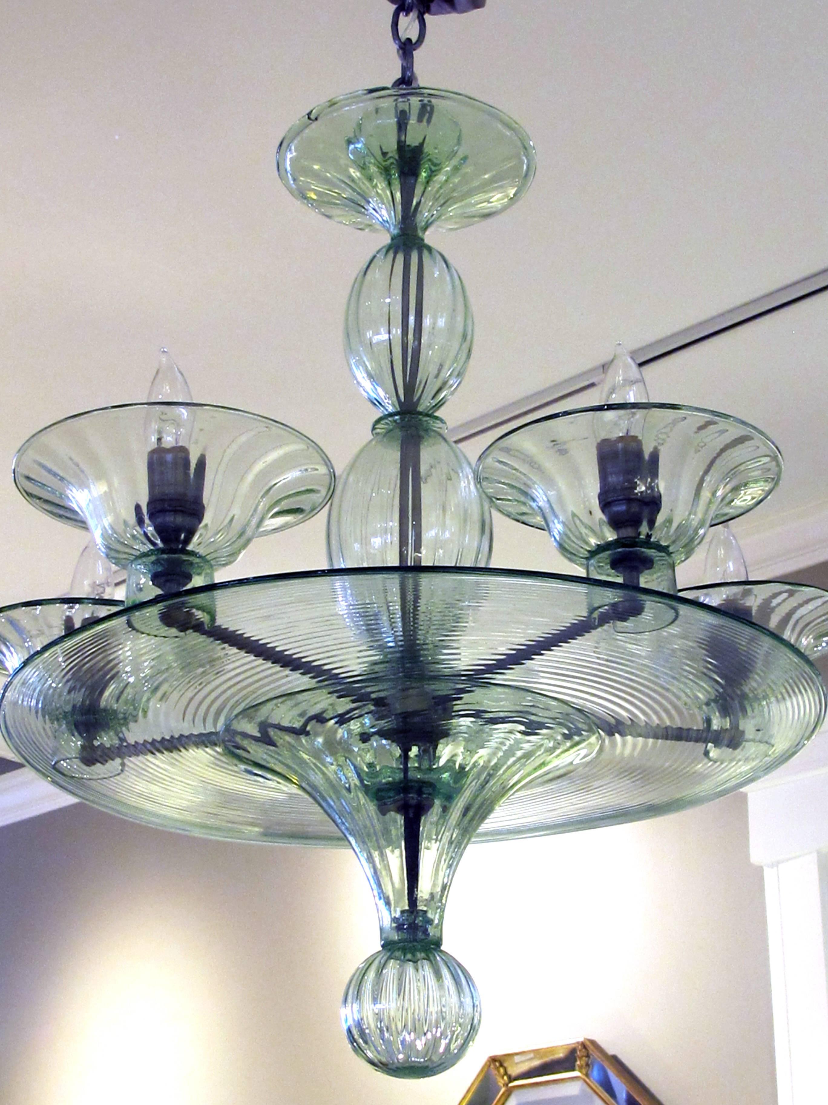 Italian Rare and Shapely Murano Art Deco Pale Green Glass Five-Light Chandelier
