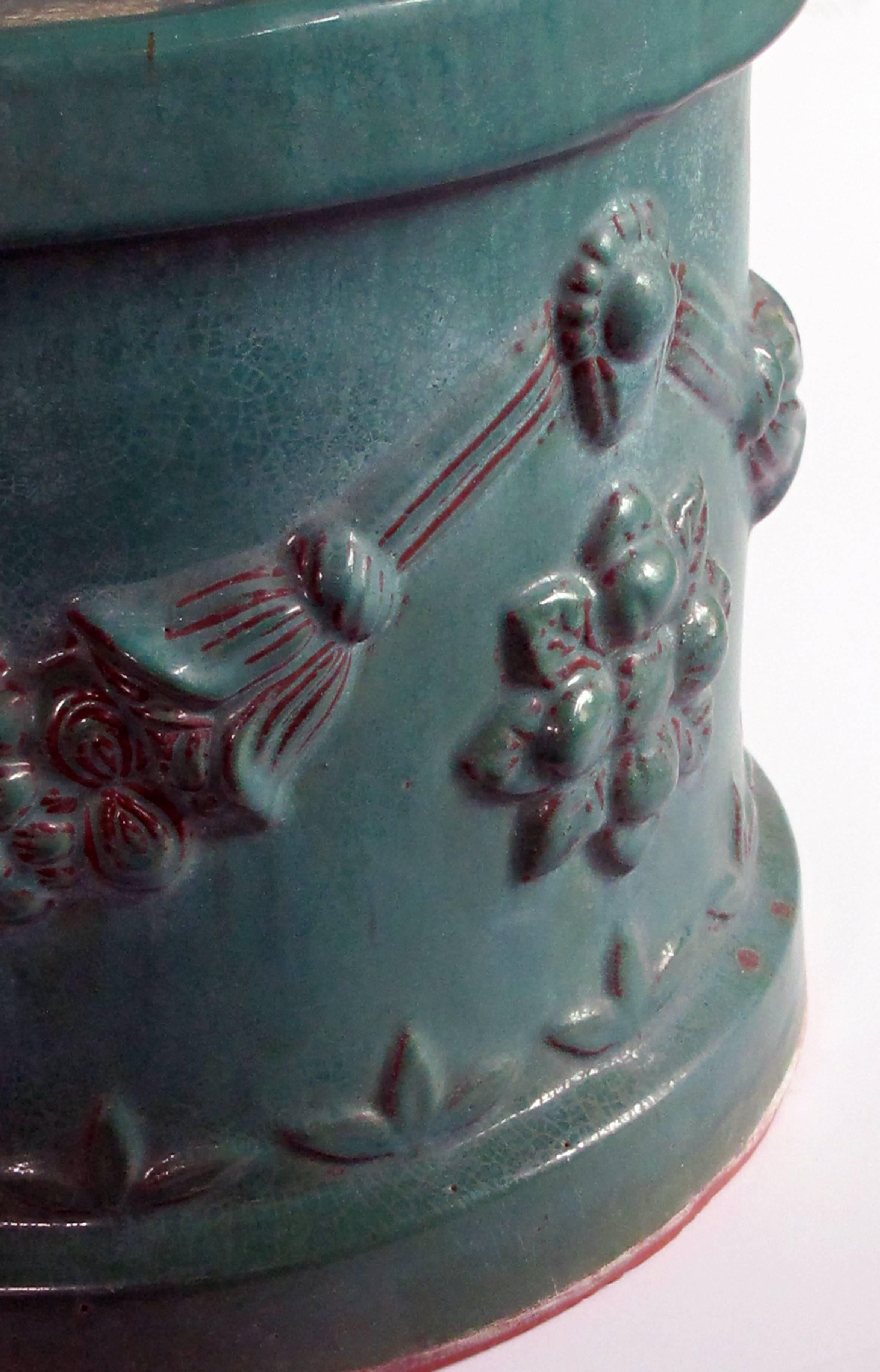 Mid-20th Century Robust Pair of Malaysian Teal-Glazed Terracotta Planters