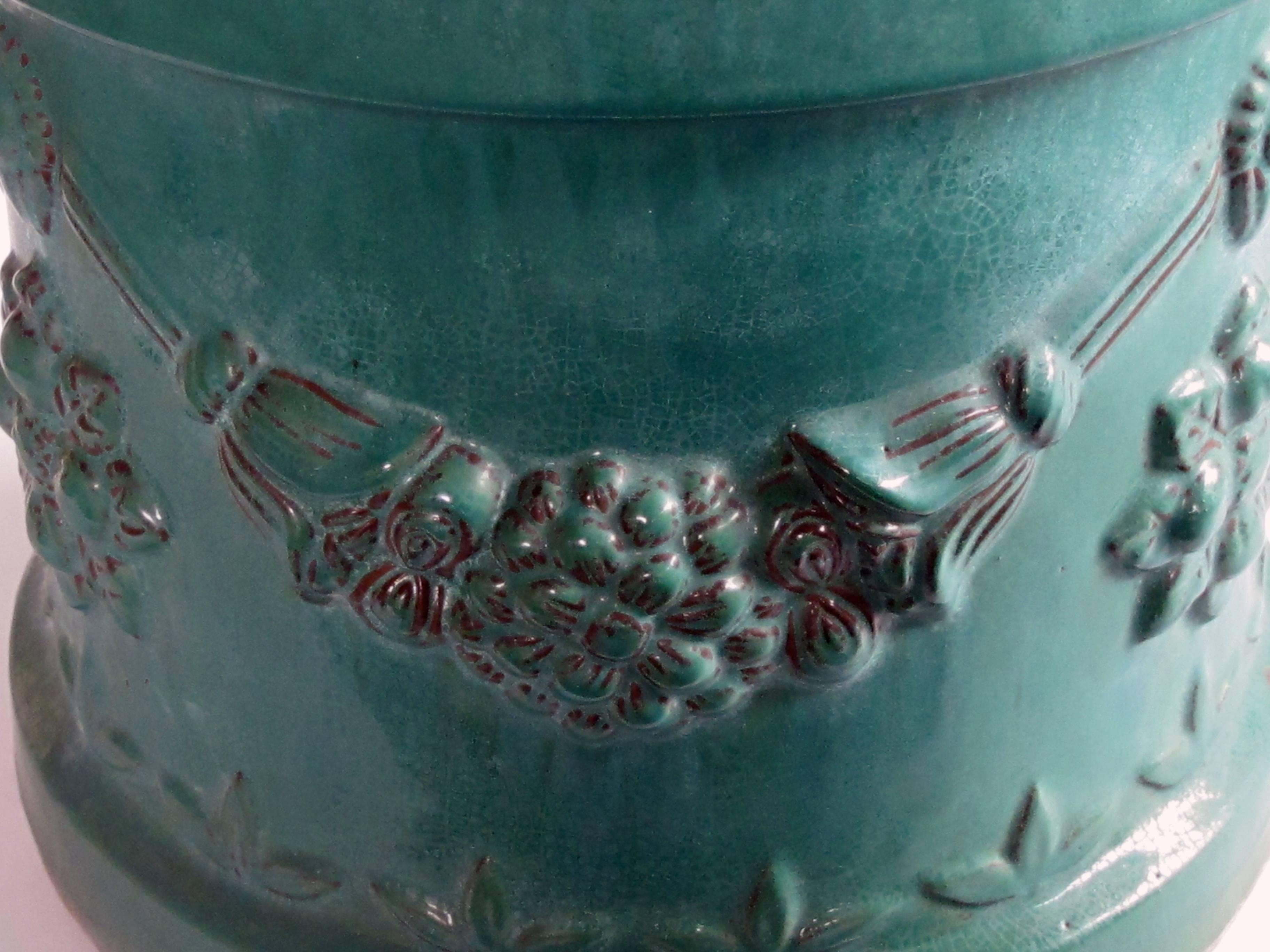 Robust Pair of Malaysian Teal-Glazed Terracotta Planters In Good Condition In San Francisco, CA