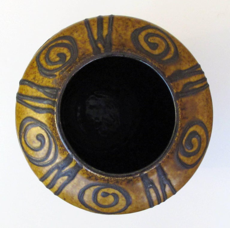 Tall West German 1960s Ochre Glazed Vase with Dark Brown DripGlaze