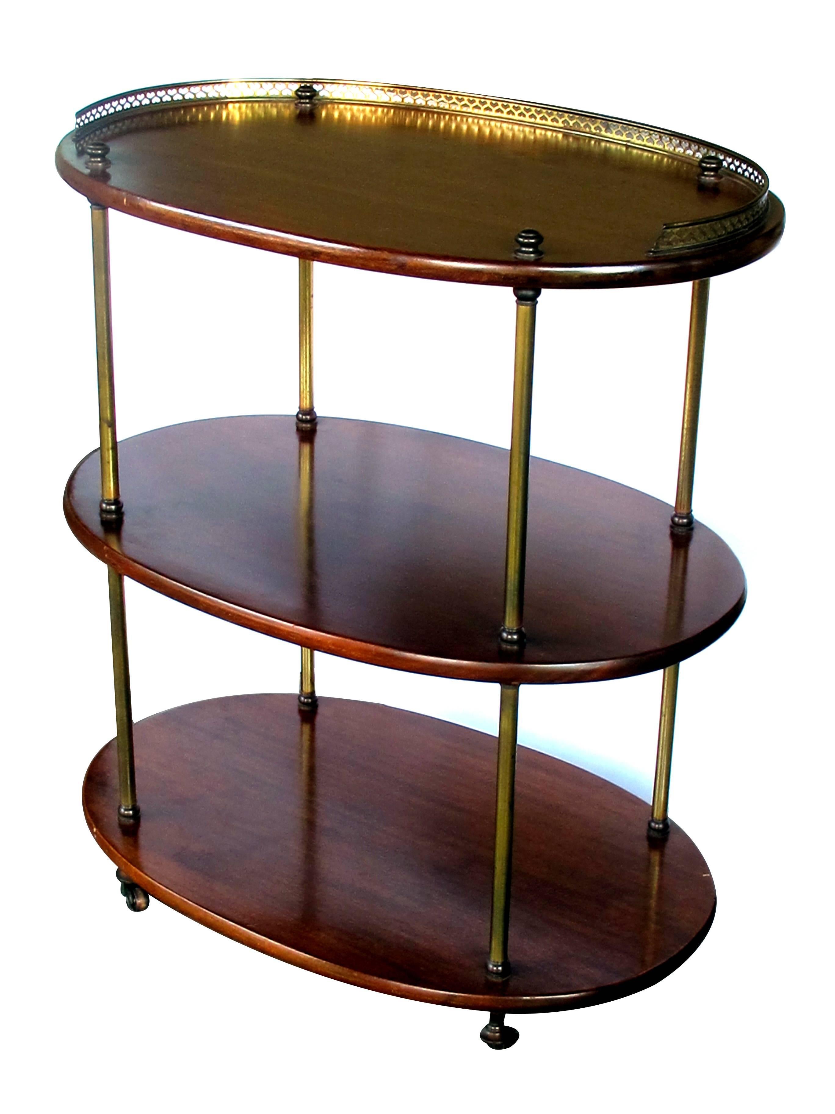 Handsome English Edwardian Three-Tier Mahogany Oval Etagere with Brass Mounts In Excellent Condition In San Francisco, CA