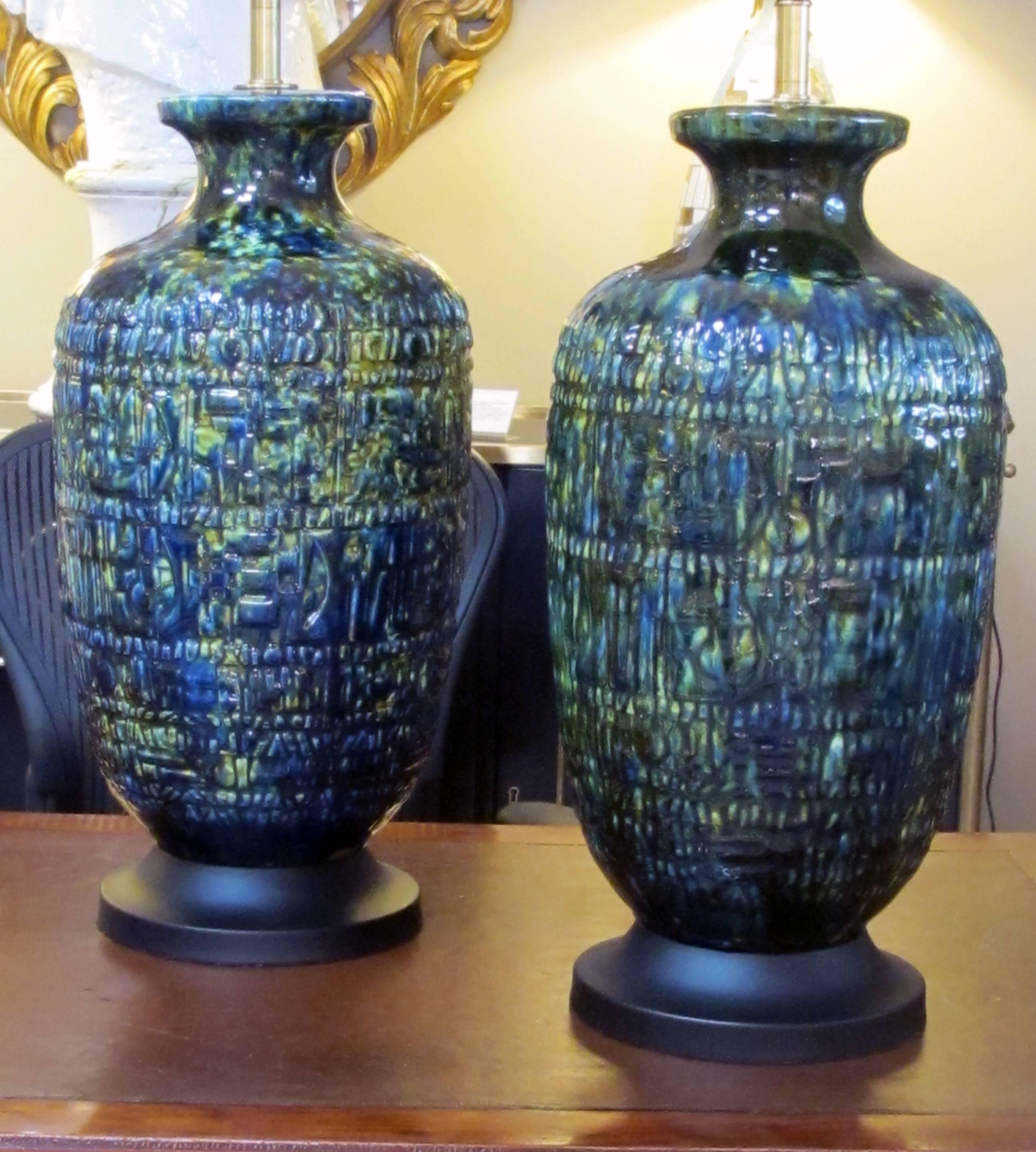 Massive and Pair of American Ceramic Lamps with Blue, Green, & Yellow Drip Glaze 3