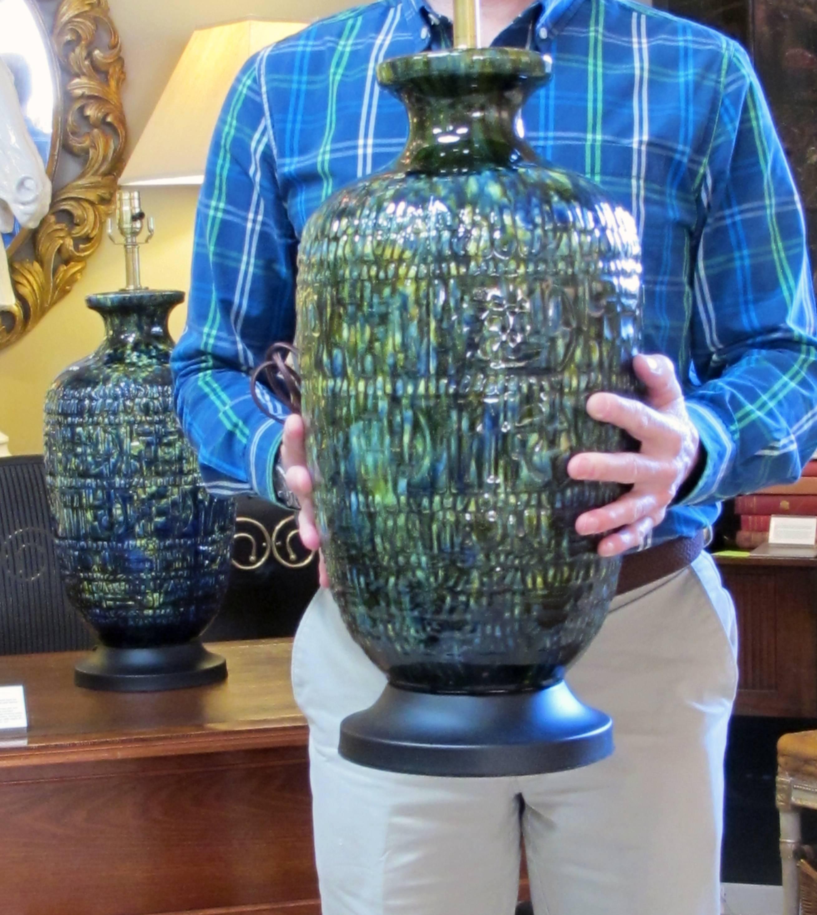 Massive and Pair of American Ceramic Lamps with Blue, Green, & Yellow Drip Glaze 2