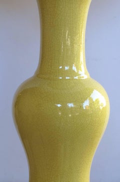 Pair of Chinese Baluster-Form Canary Yellow Crackle-Glaze Porcelain Lamps