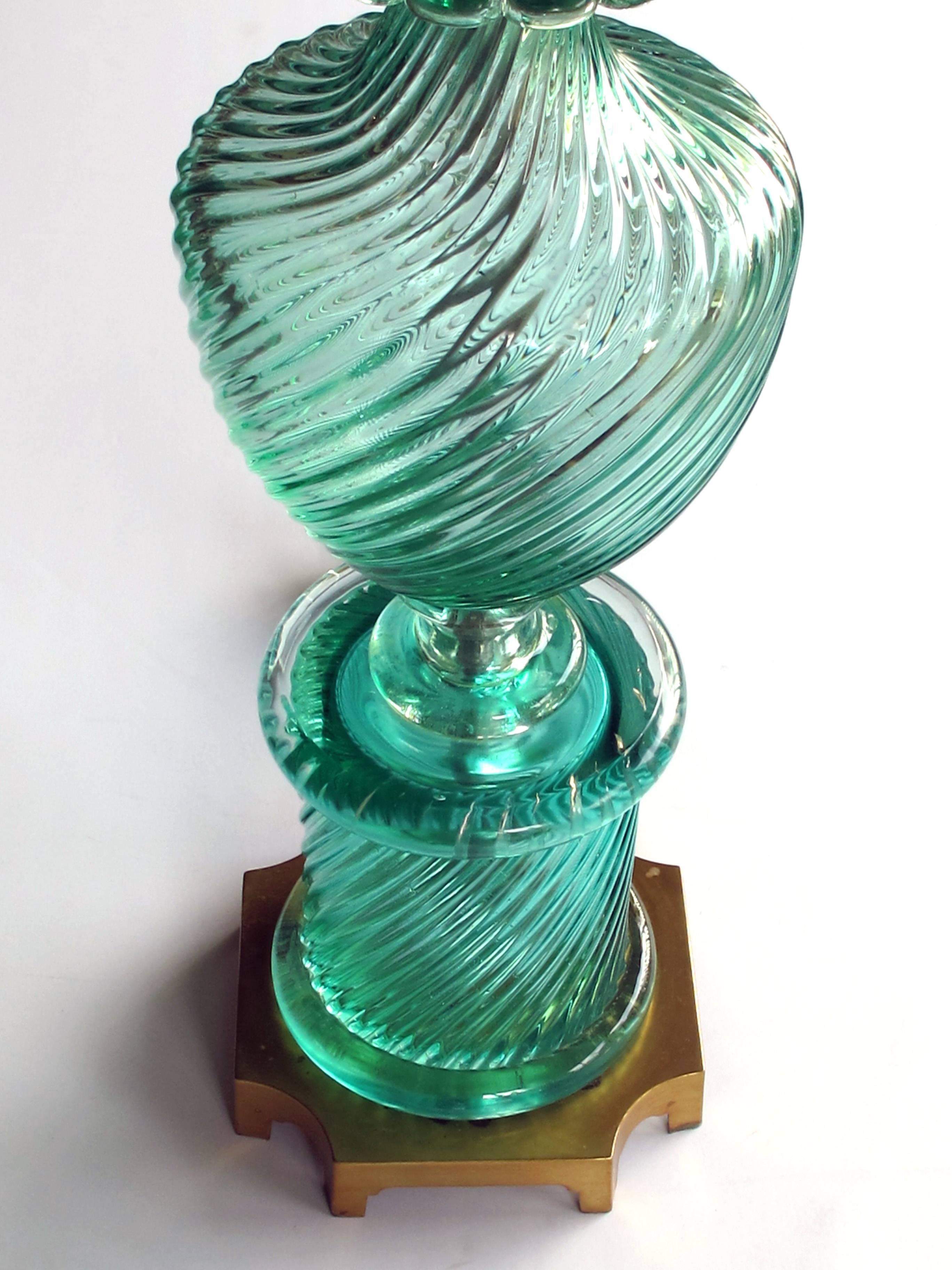 Mid-20th Century Stunning Pair of Murano 1960s Baluster-Form Aqua Glass Lamps by Marbro Lamp Co