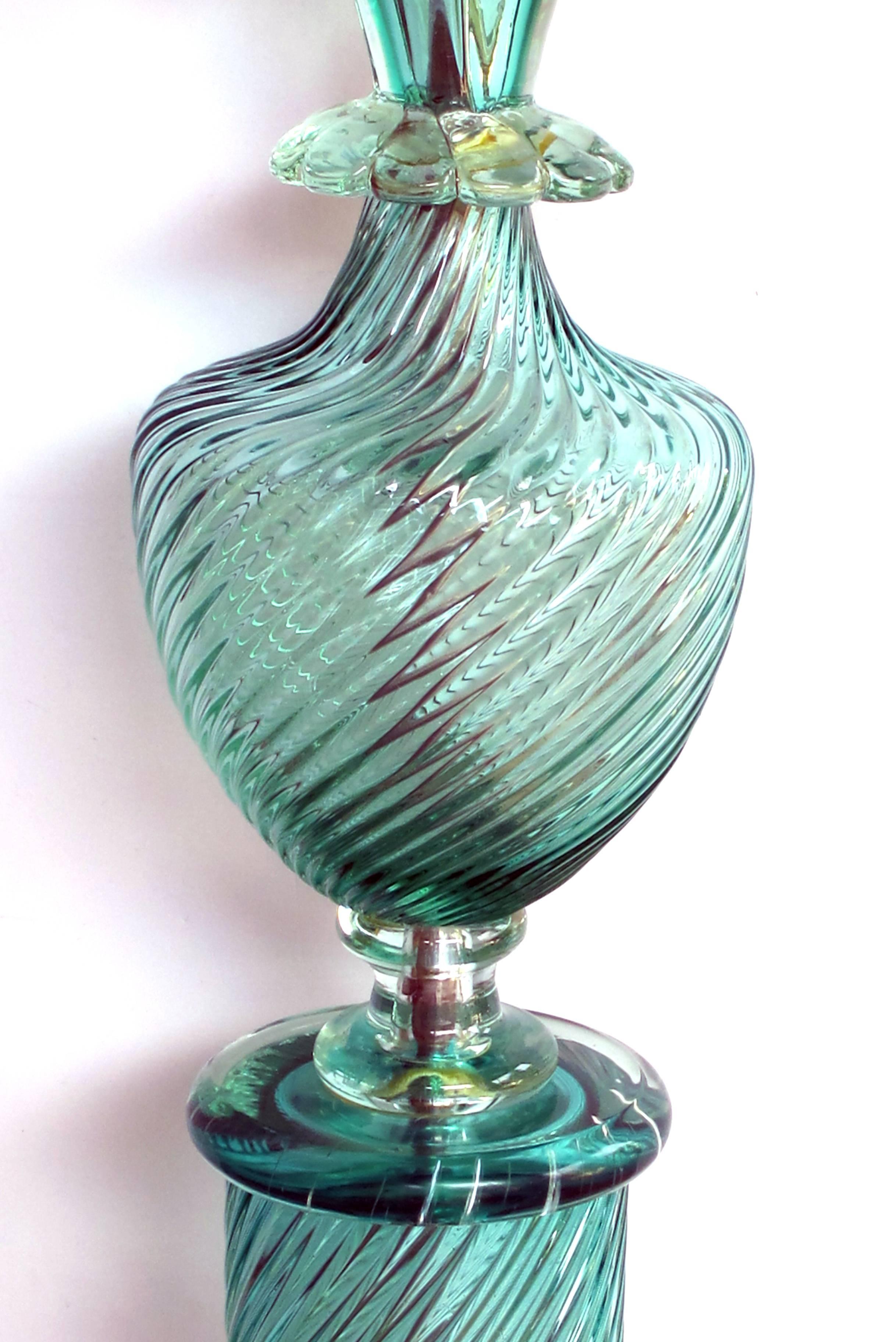 Italian Stunning Pair of Murano 1960s Baluster-Form Aqua Glass Lamps by Marbro Lamp Co